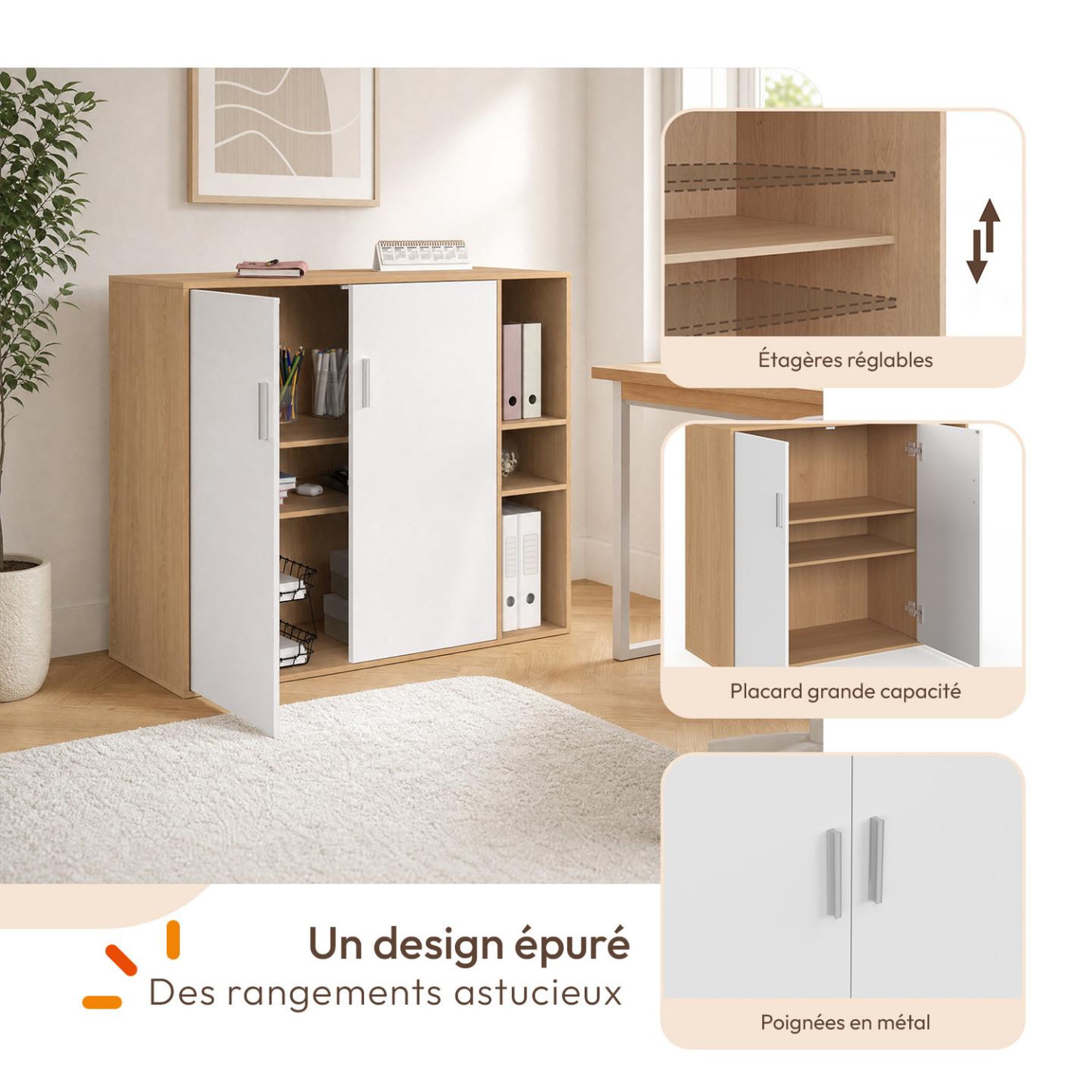 Voir la diapositive 3 : ID MARKET Armoire basse de bureau MARIA 2 portes et étagères bois et blanc