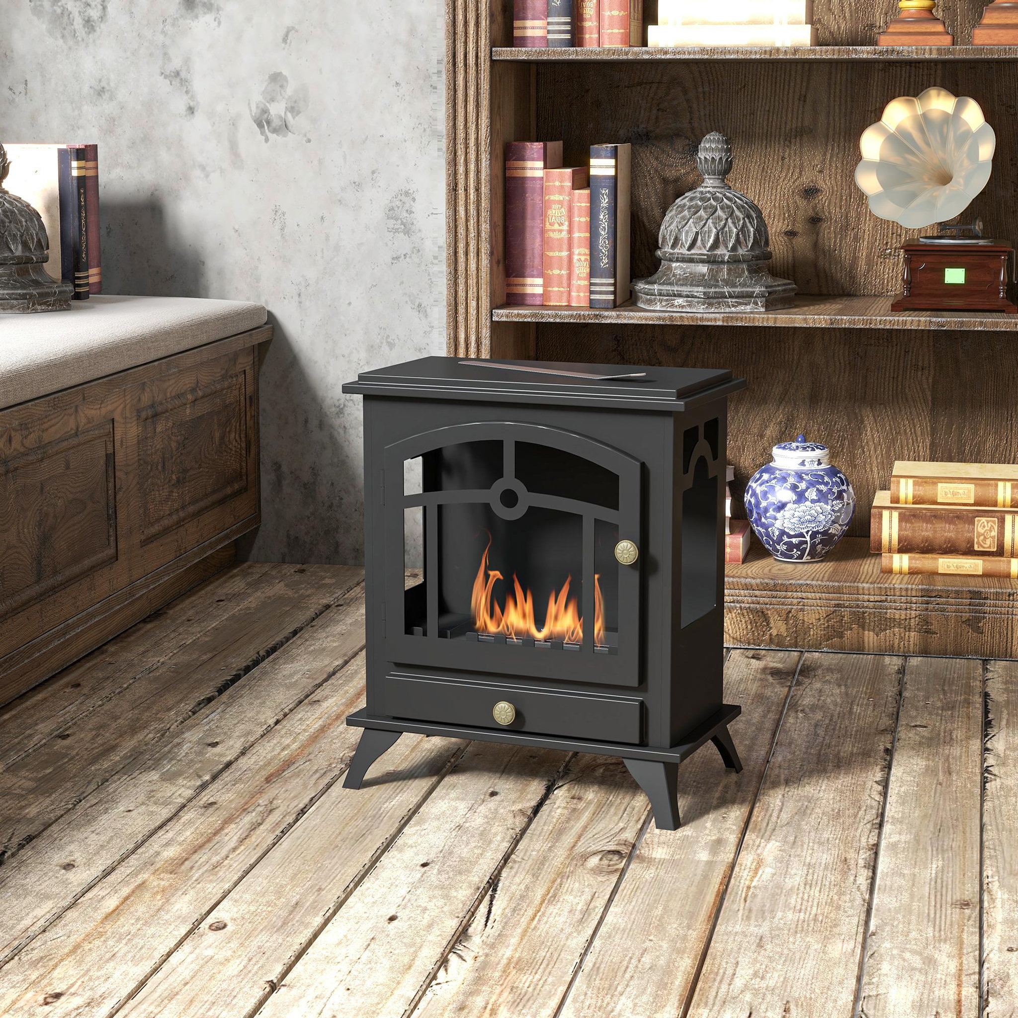 Voir la diapositive 2 : HOMCOM Cheminée bioéthanol sur pied style néo-rétro poêle 1 brûleur 1,2 l dim. 45l x 28l x 54h cm couverture 20-25 m² acier noir