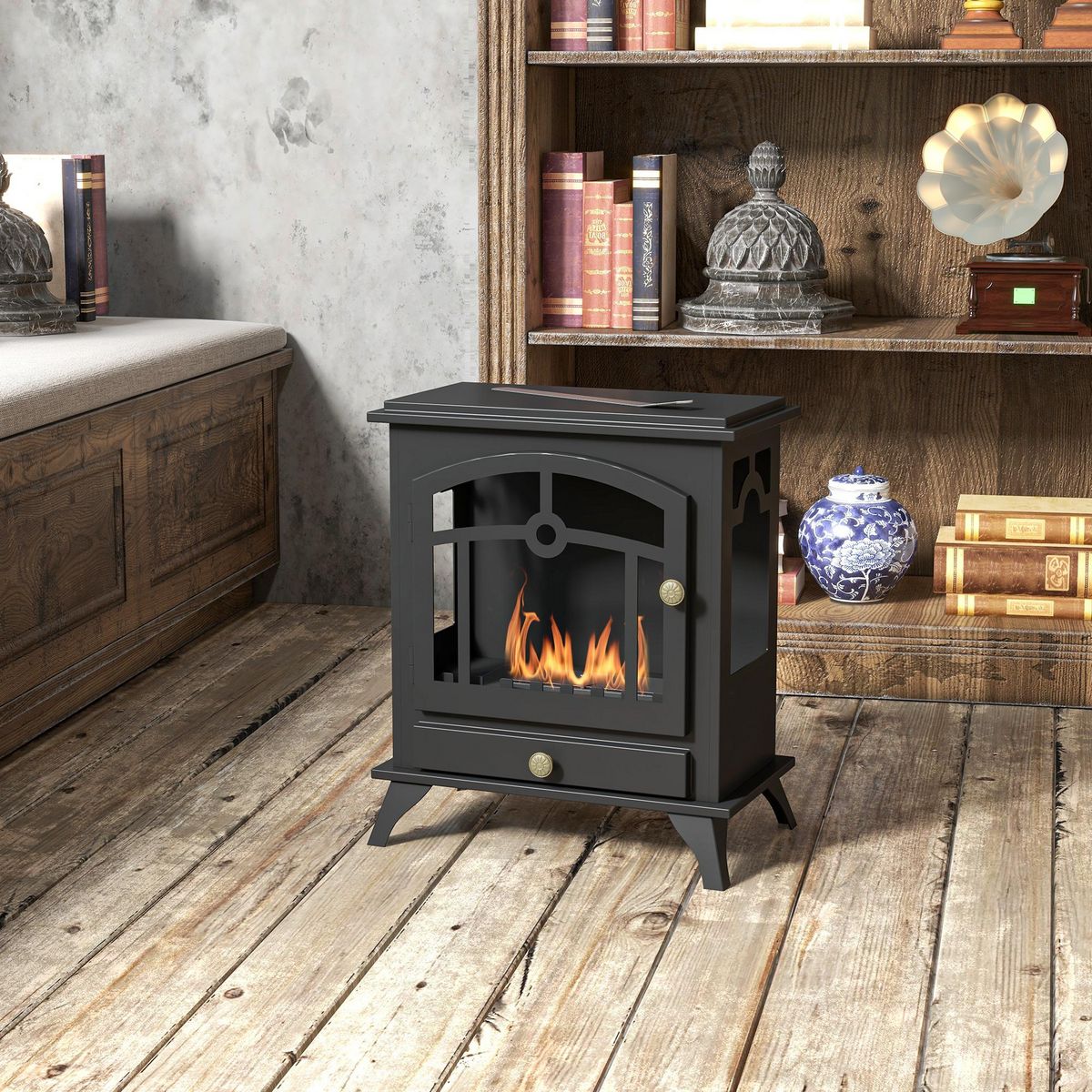 HOMCOM Cheminée bioéthanol sur pied style néo-rétro poêle 1 brûleur 1,2 L dim. 45L x 28l x 54H cm couverture 20-25 m² acier noir