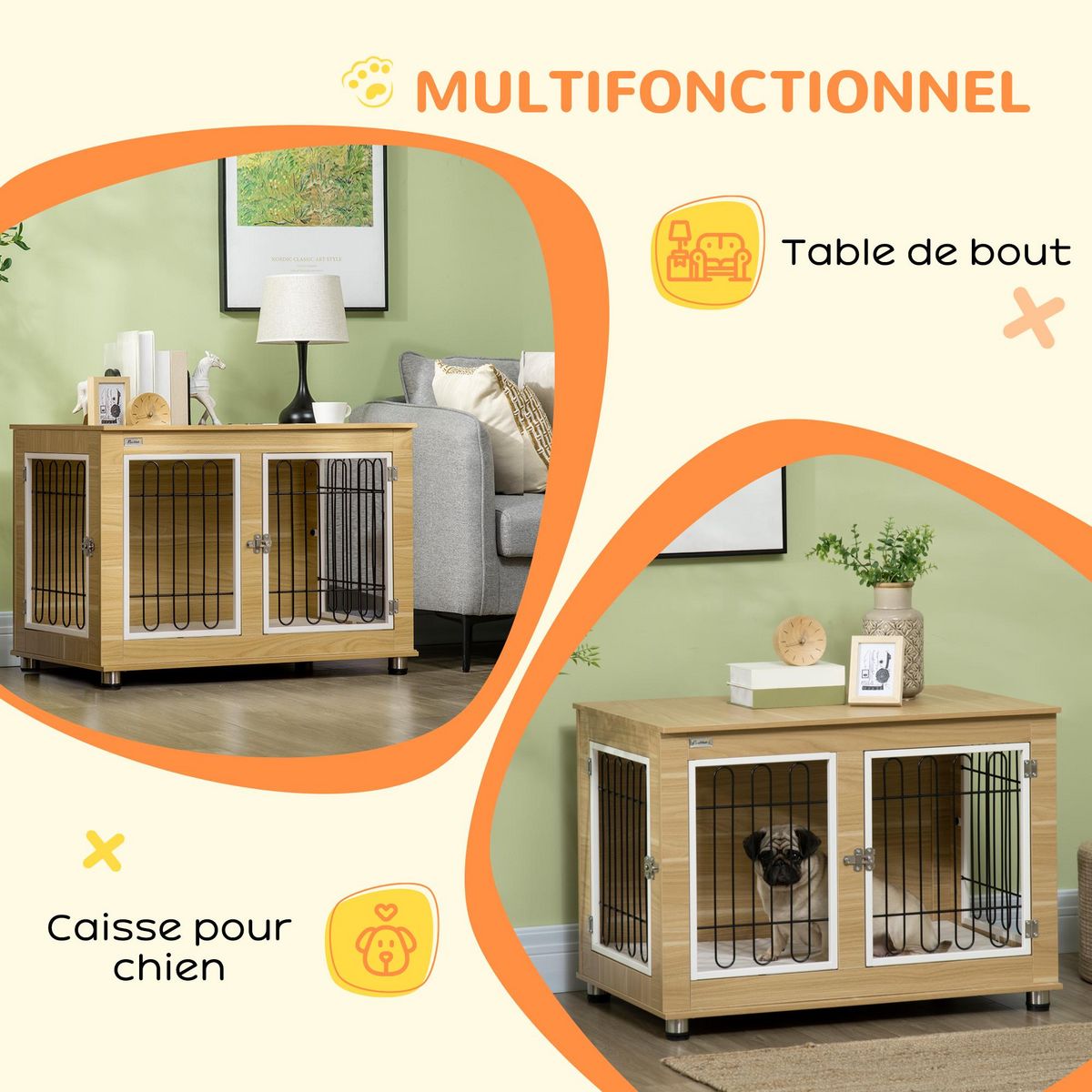 PAWHUT Cage pour chien sur pied - 2 portes verrouillables, coussin déhoussable inclus - acier filaire noir panneaux aspect bois clair