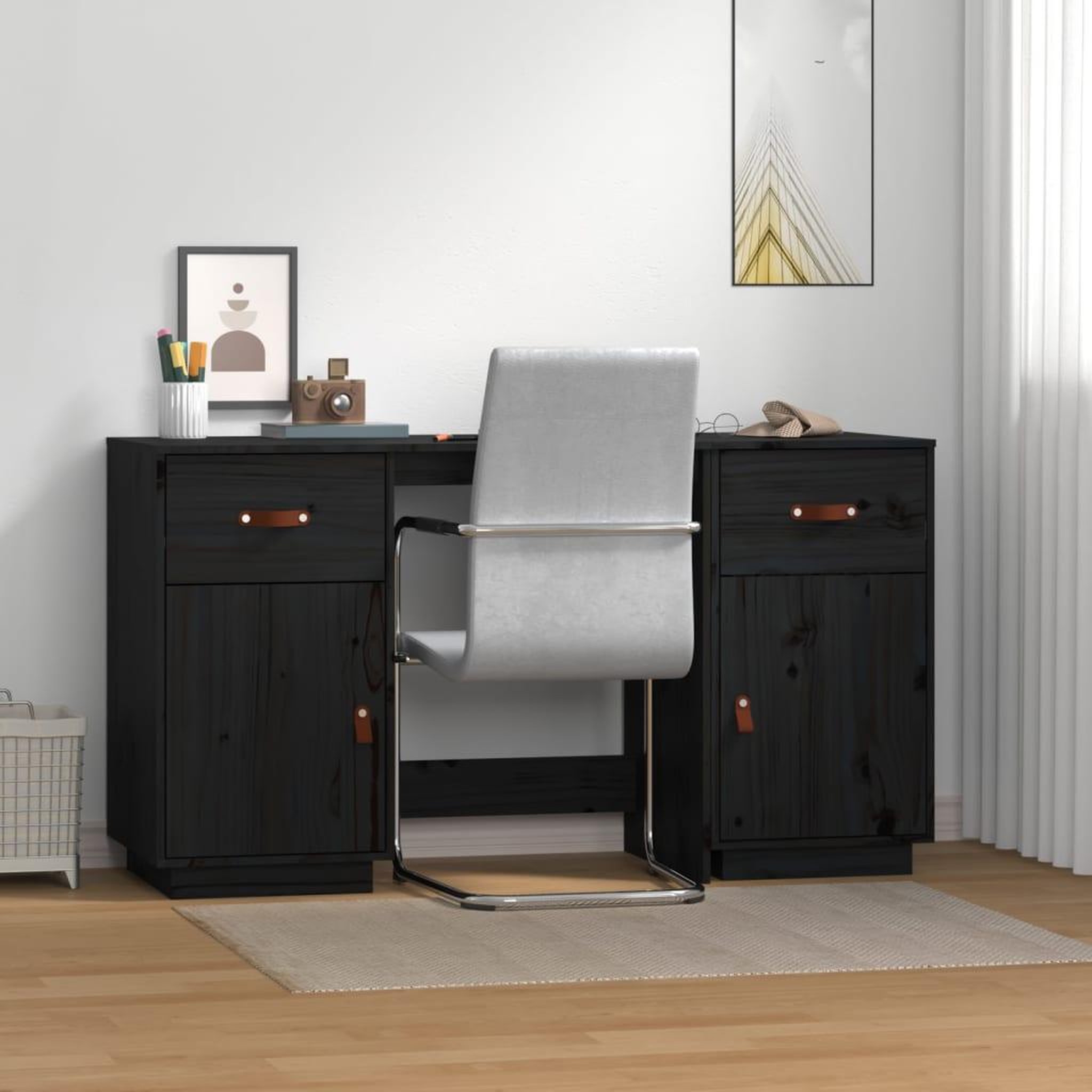 Voir la diapositive 1 : VIDAXL Bureau avec armoires Noir 135x50x75 cm Bois massif de pin