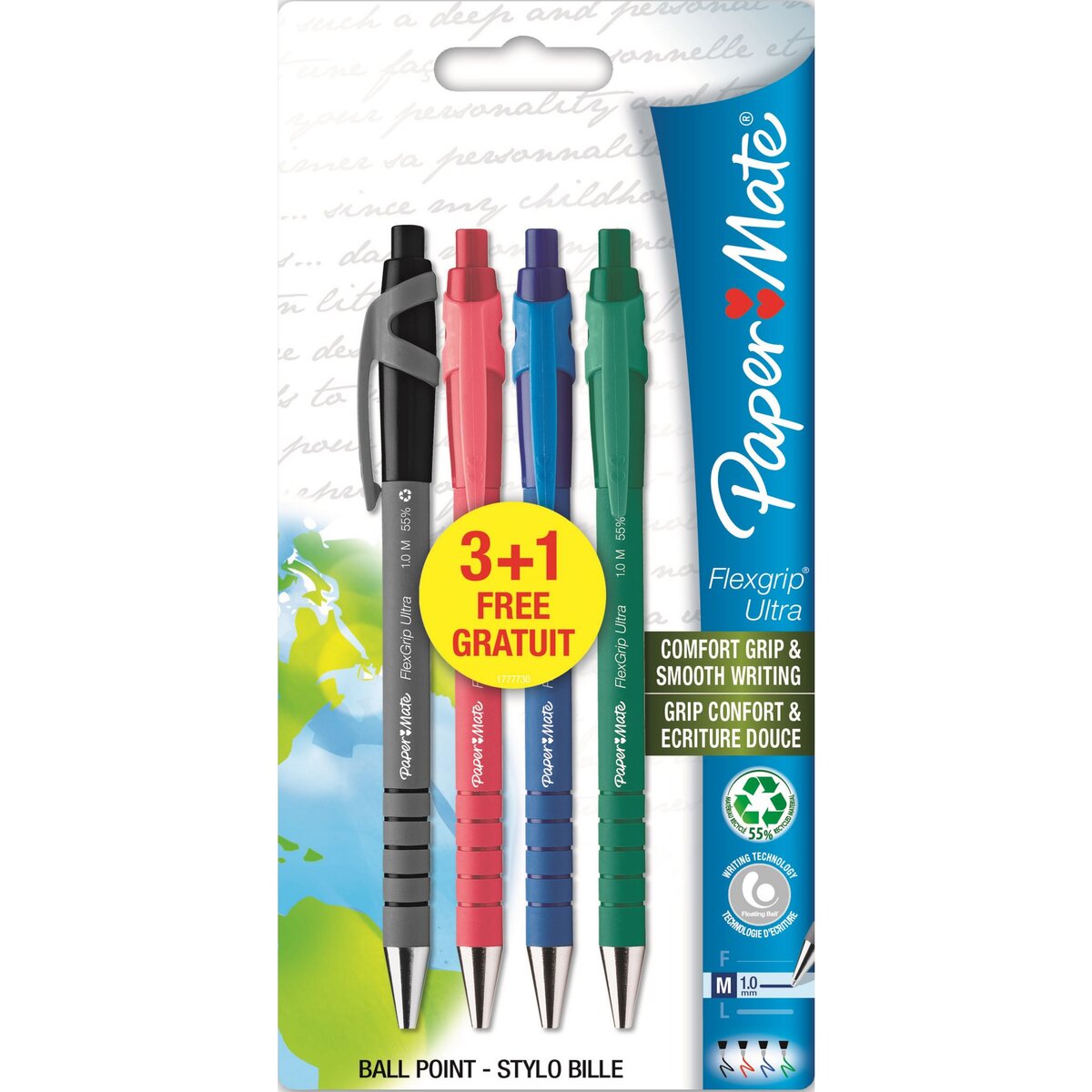 Lot de 3+1 stylos bille Flexgrip elite - noir, bleu, rouge, vert