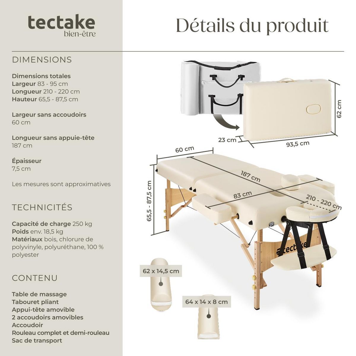 tectake Table de massage portable pliante 2 zones largeur 59 cm et rembourrage 7,5 cm beige