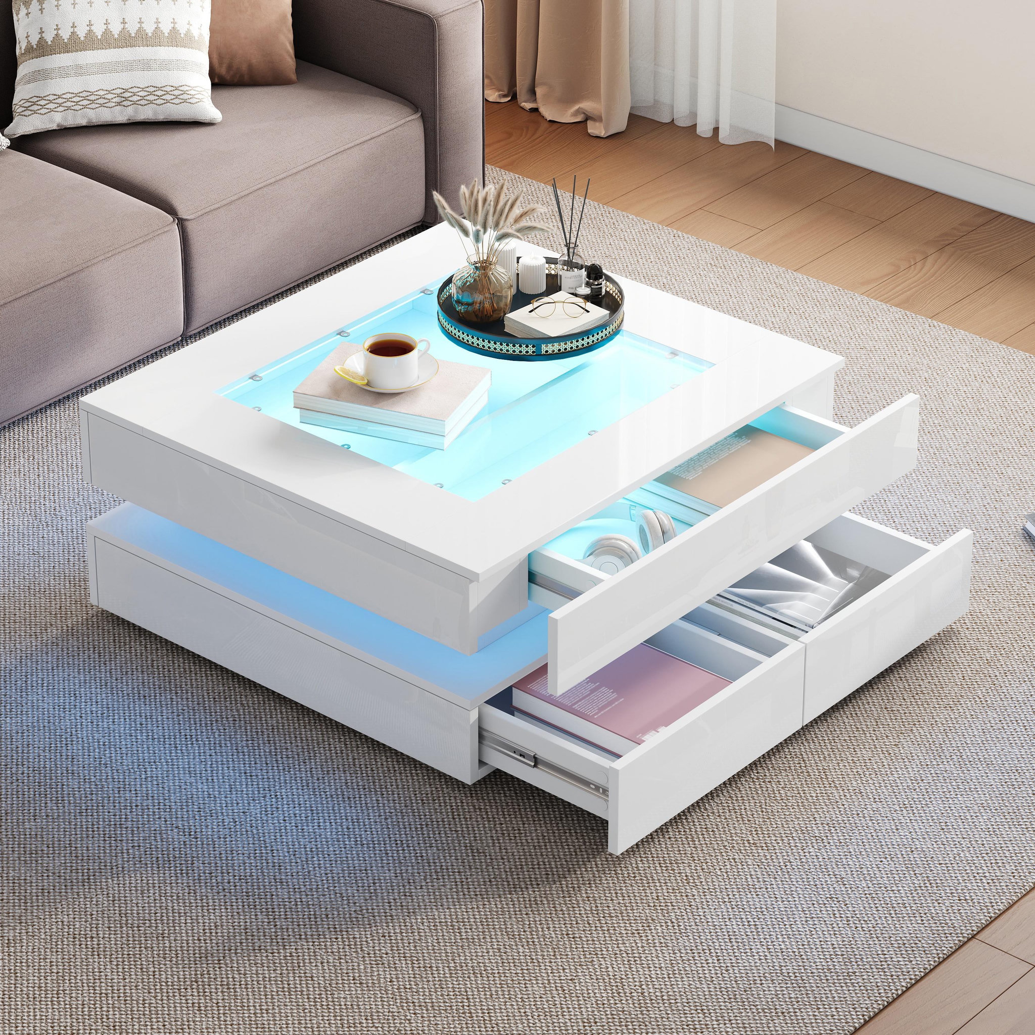Voir la diapositive 2 : MERAX Table basse carrée blanc avec 3 tiroirs - 70x70 cm led panneau de particules