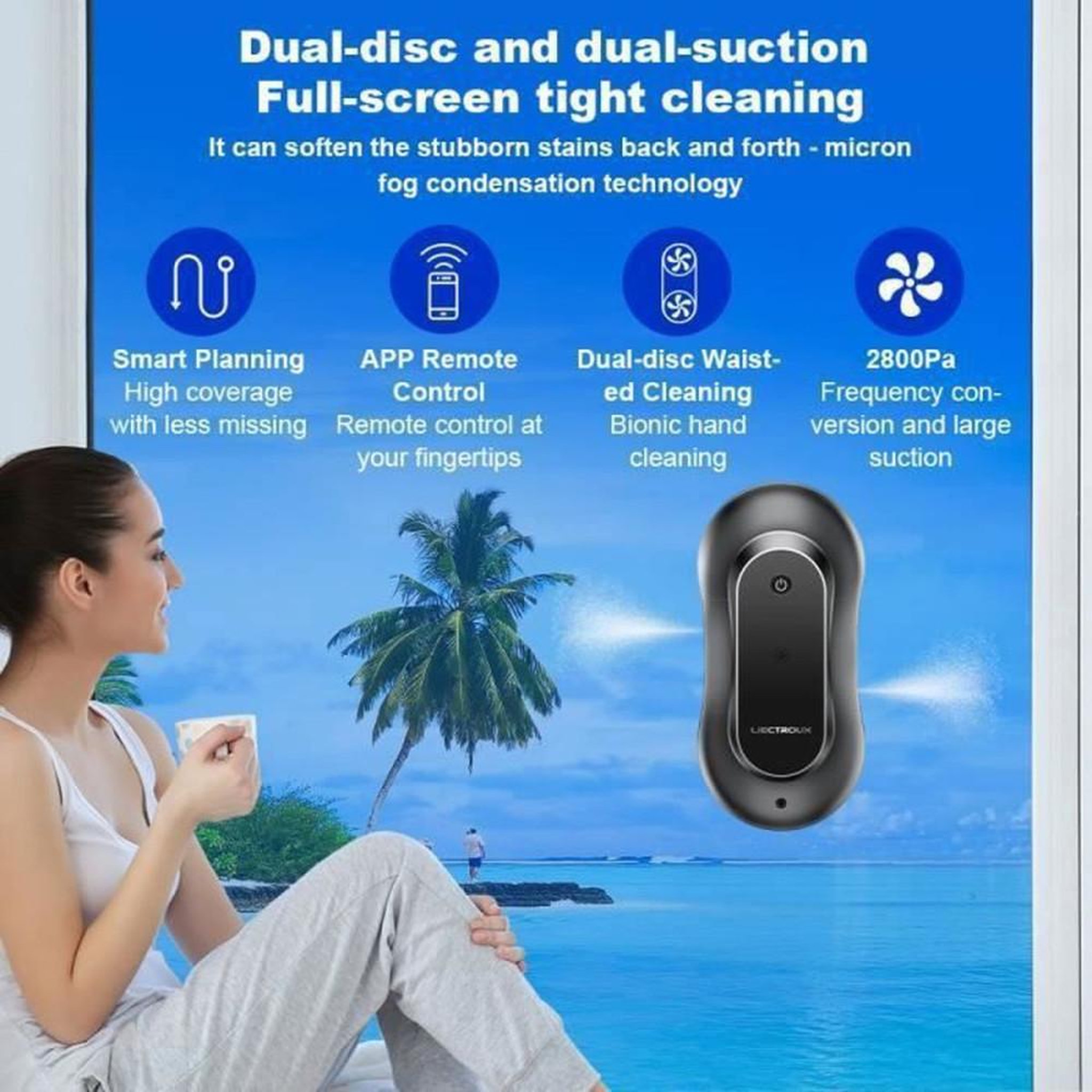 Voir la diapositive 2 : Robot nettoyeur de vitres intelligent YW810 avec contrôle via appli, double pulvérisation 70 ml, détection des bords, protection anti-chute et système UPS