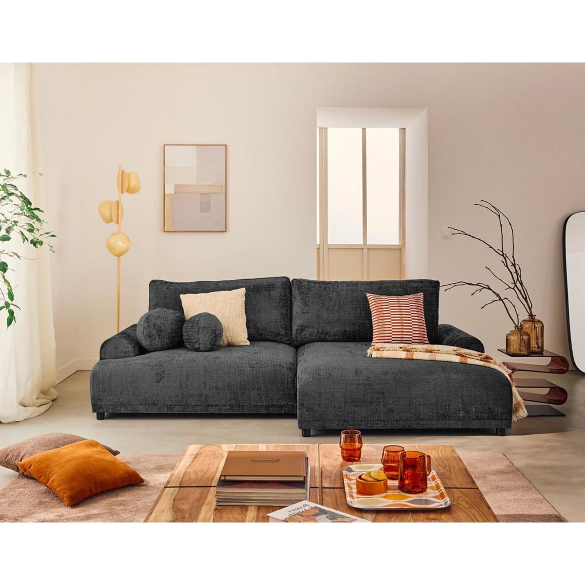 LISA DESIGN Nelly - canapé d'angle droit 4 places convertible avec coffre en velours texturé