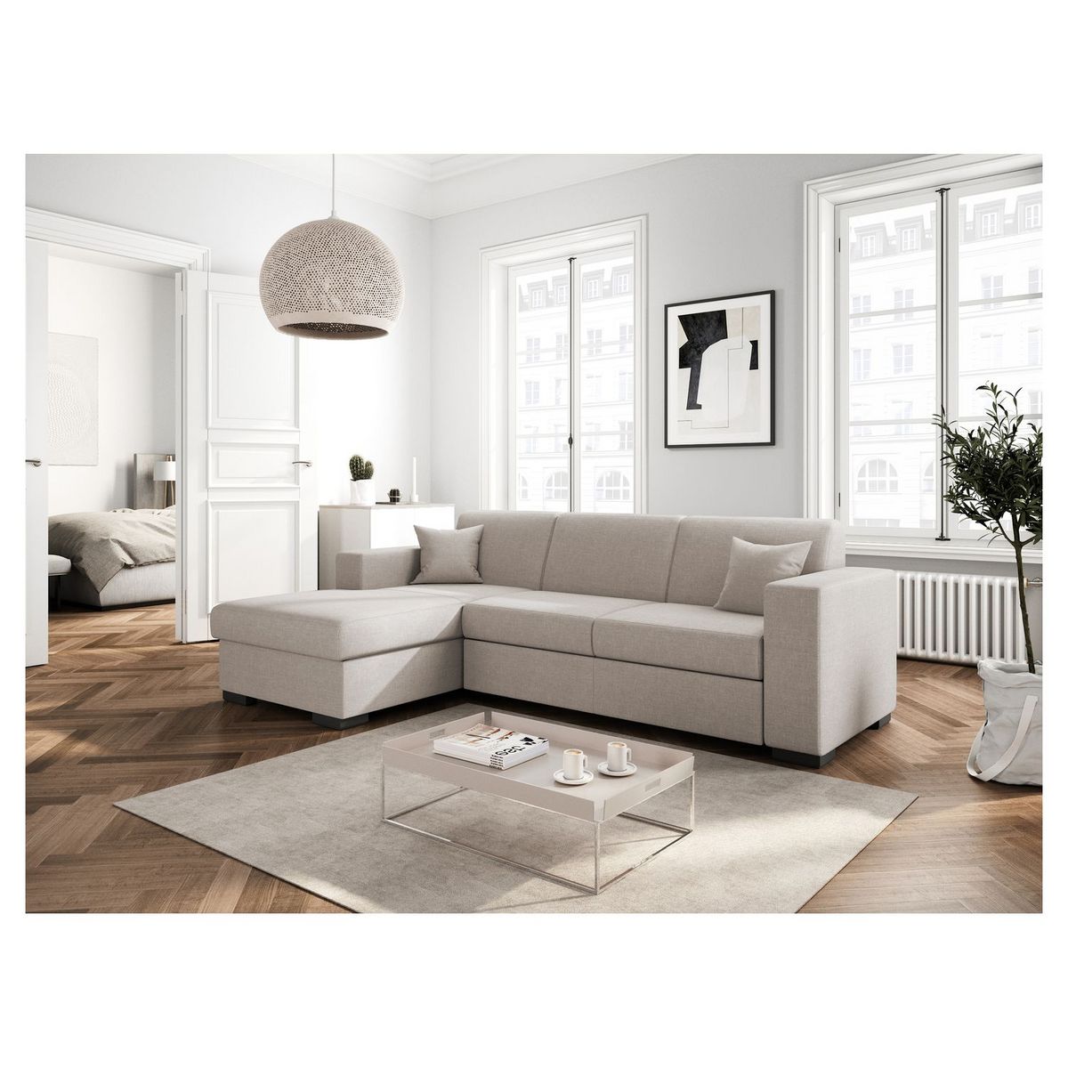 Canapé d'angle gauche convertible  4 places avec coffre tissu CARIBEA