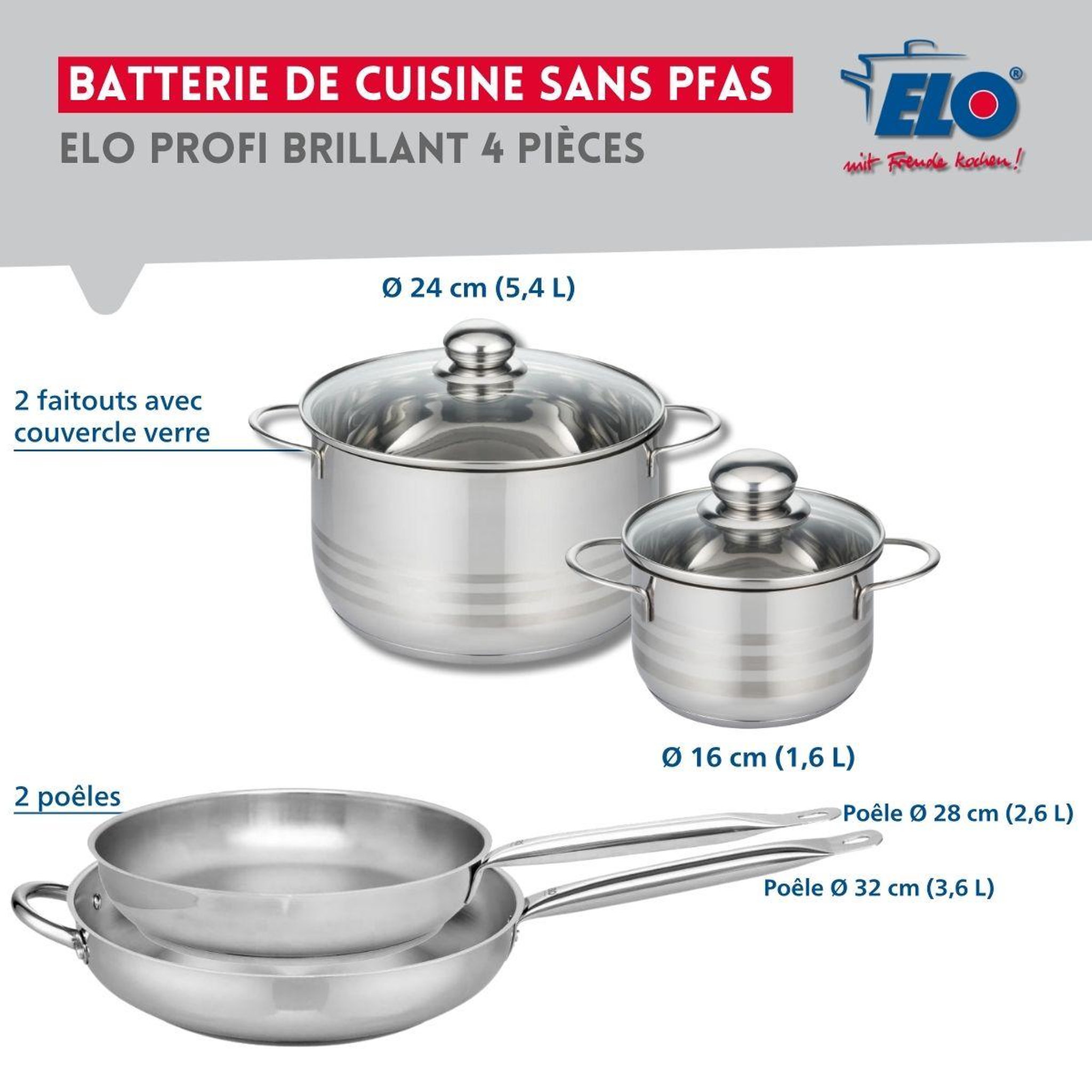 Voir la diapositive 2 : ELO Ensemble de 2 poêles de cuisson 28 et 32 cm et 2 faitouts 16 et 24 cm elo profi brillant
