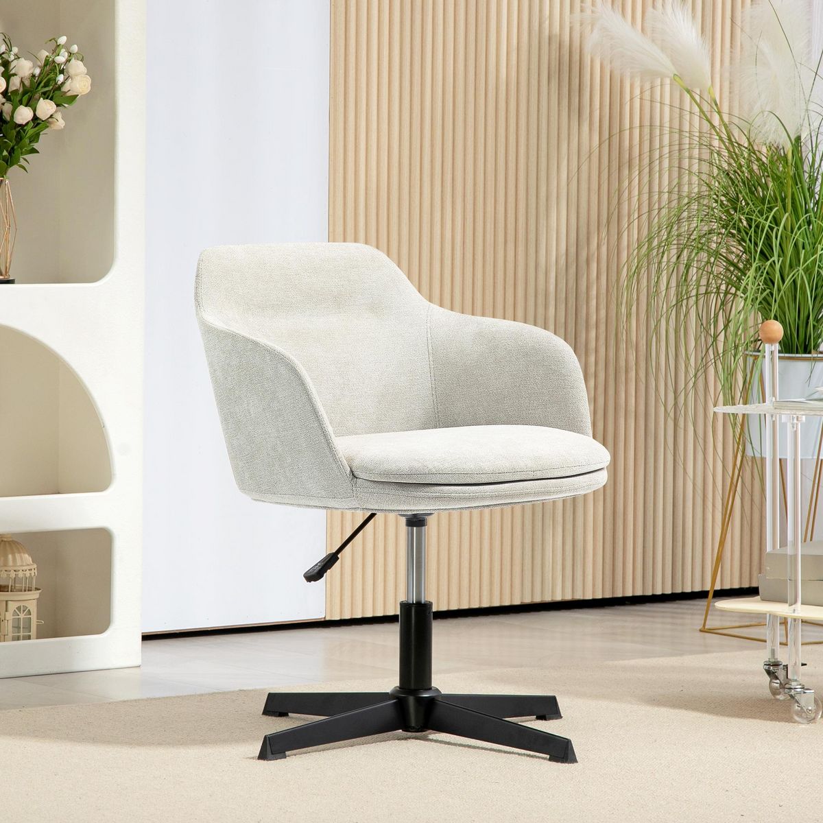 HOMCOM Chaise de bureau enveloppante design - piètement acier noir tissu toucher lin beige