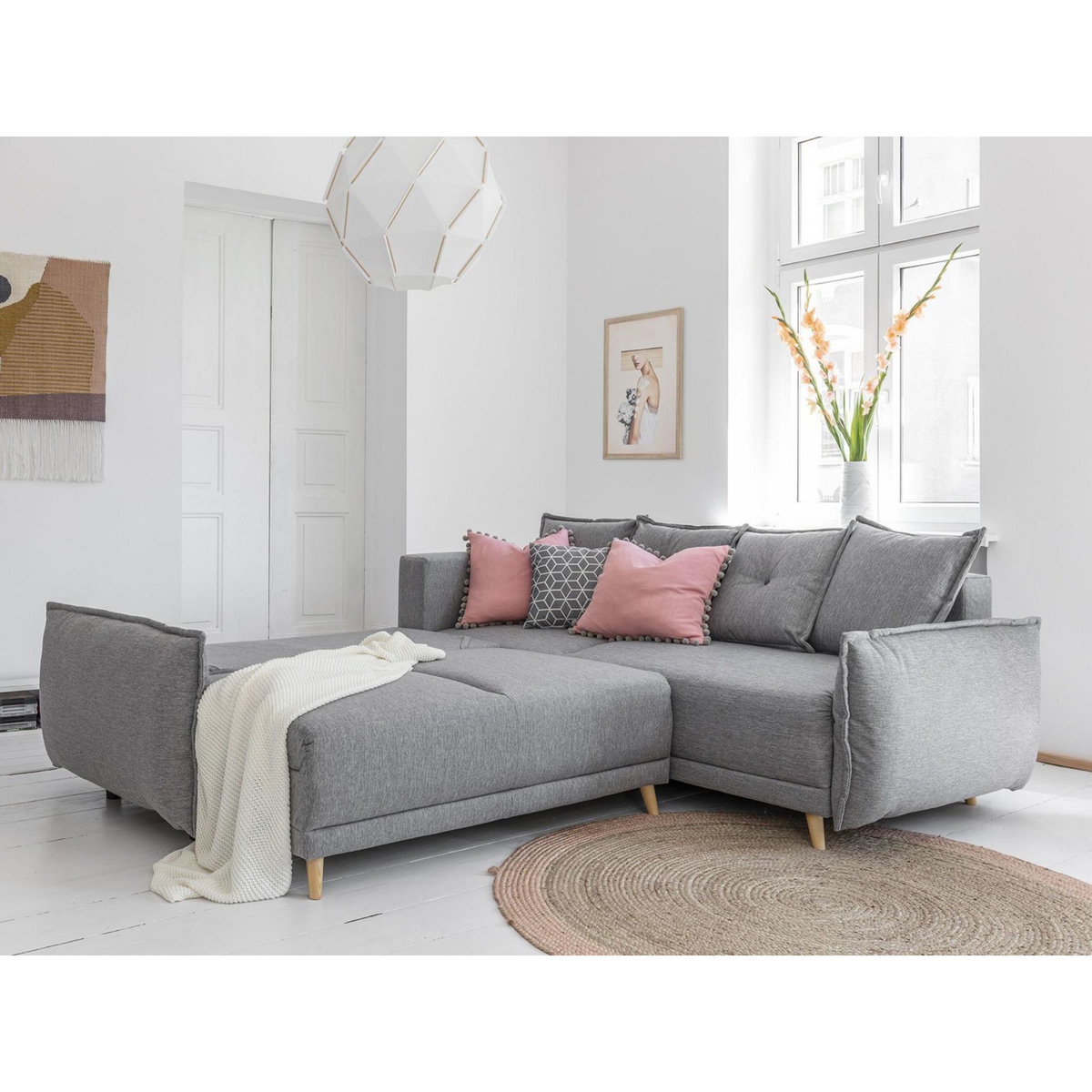 BEST MOBILIER Lena - canapé d'angle convertible - avec coffre - style scandinave - 5 places - droit