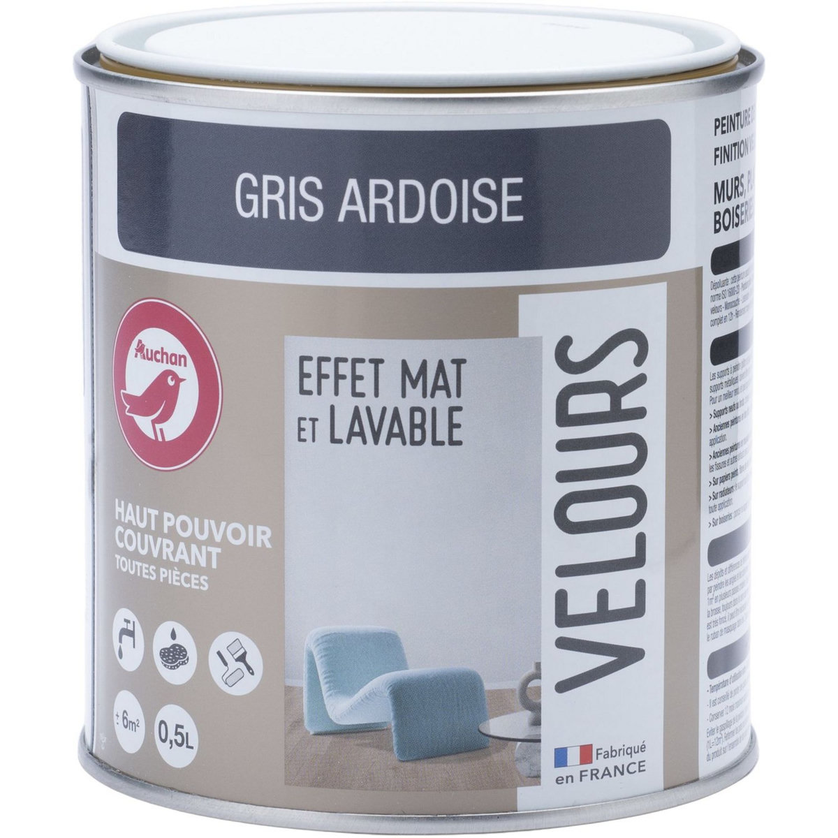 AUCHAN Peinture velour dépolluante gris ardoise 0,5 L