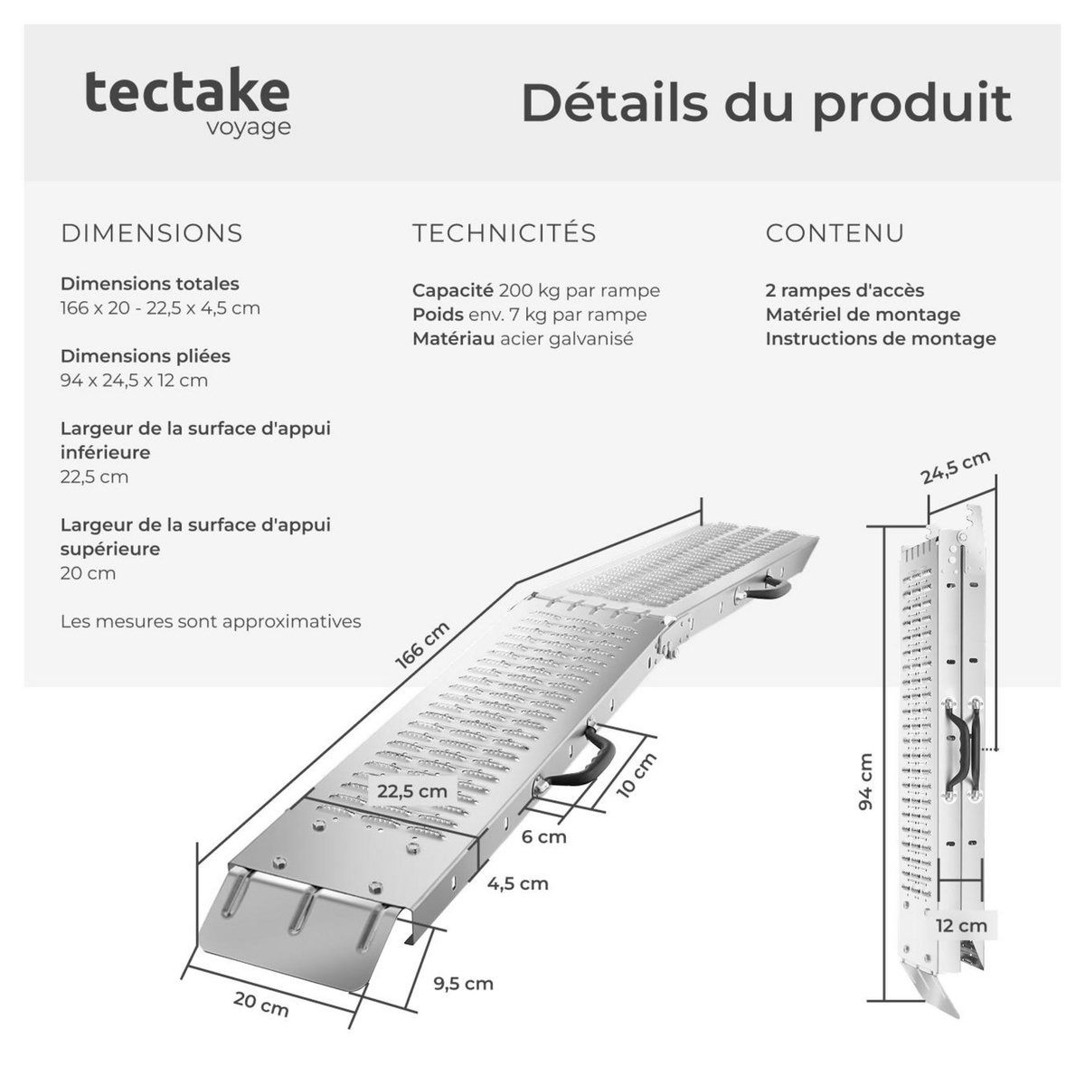 tectake Rampes d'accès pliables argent 166 cm