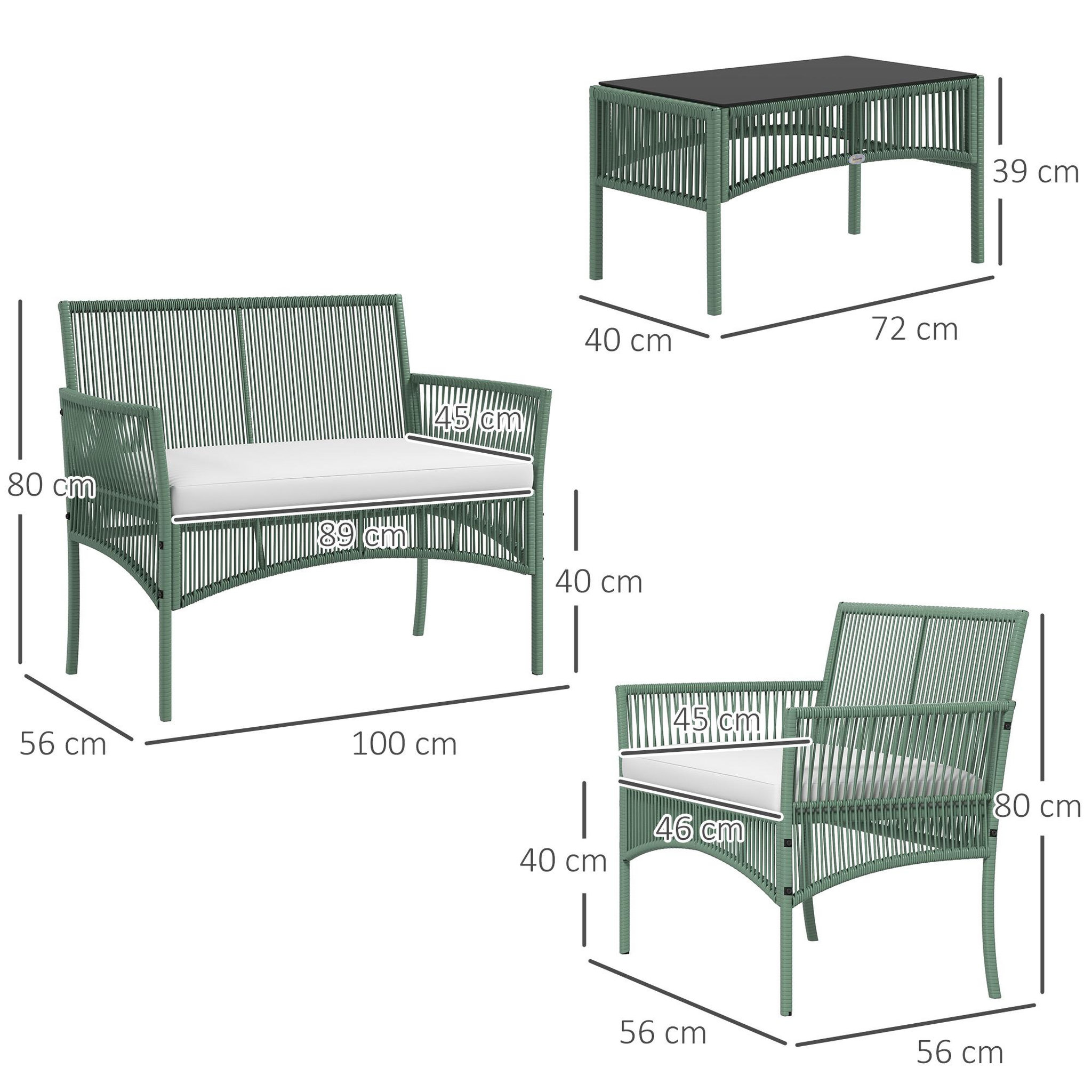 Voir la diapositive 3 : OUTSUNNY Salon de jardin 4 places 4 pièces style colonial table basse coussins inclus résine tressée filée aspect rotin vert