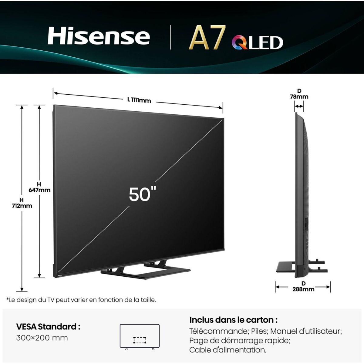 Hisense TV QLED 50A7Q 2025-50 pouces (126cm)