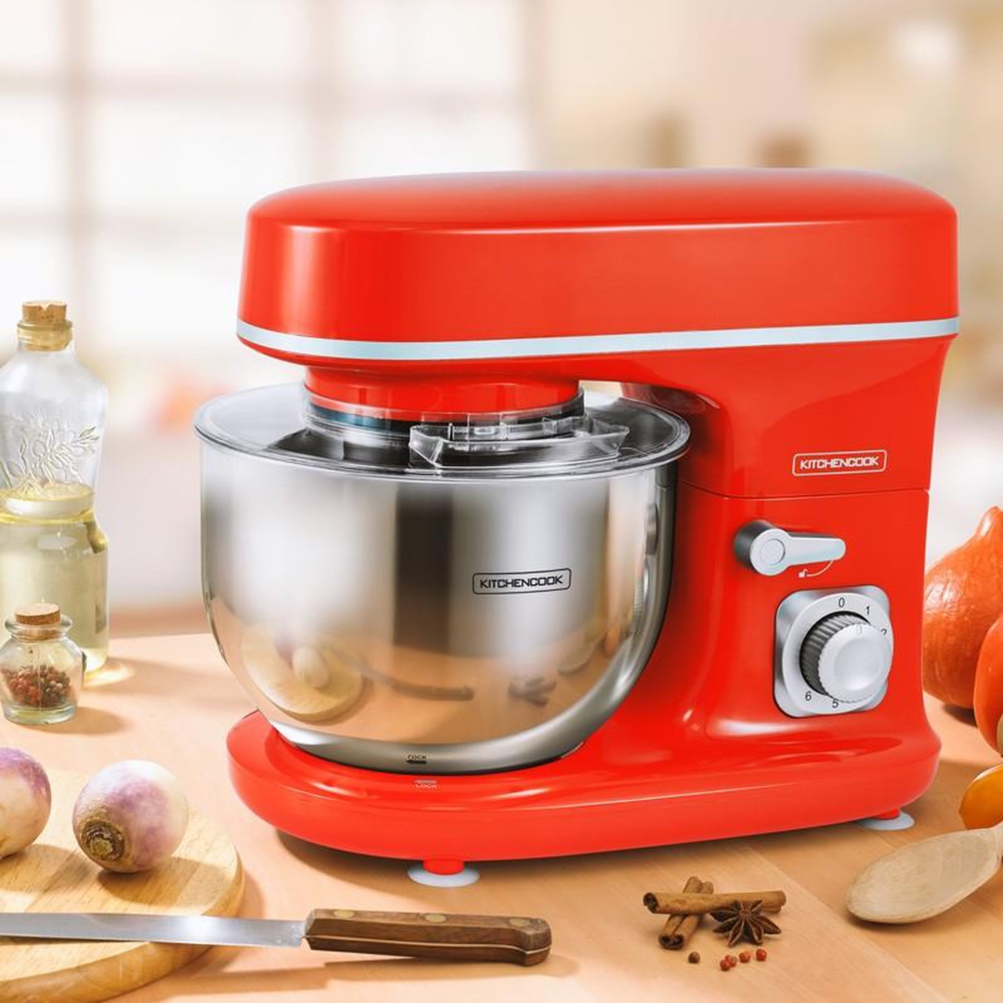 Voir la diapositive 3 : KITCHENCOOK Kitchencook - robot pétrin 5l - 1300w - 6 intensités - bol amovible acier inoxydable - crochet à pâte - fouet à fils - rouge
