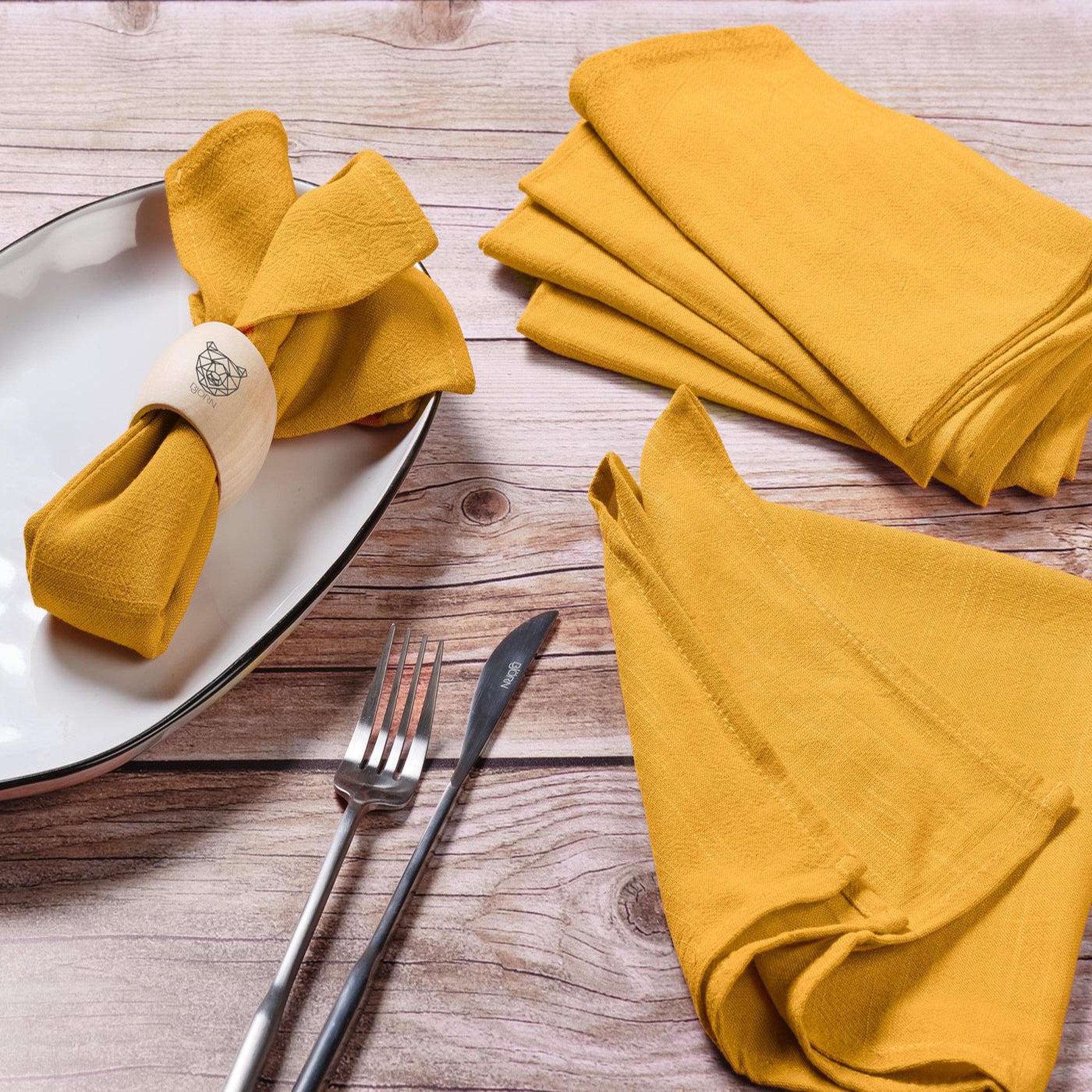 Voir la diapositive 2 : BJORN Serviette de table - 6 pièces - lin et coton jaune moutarde