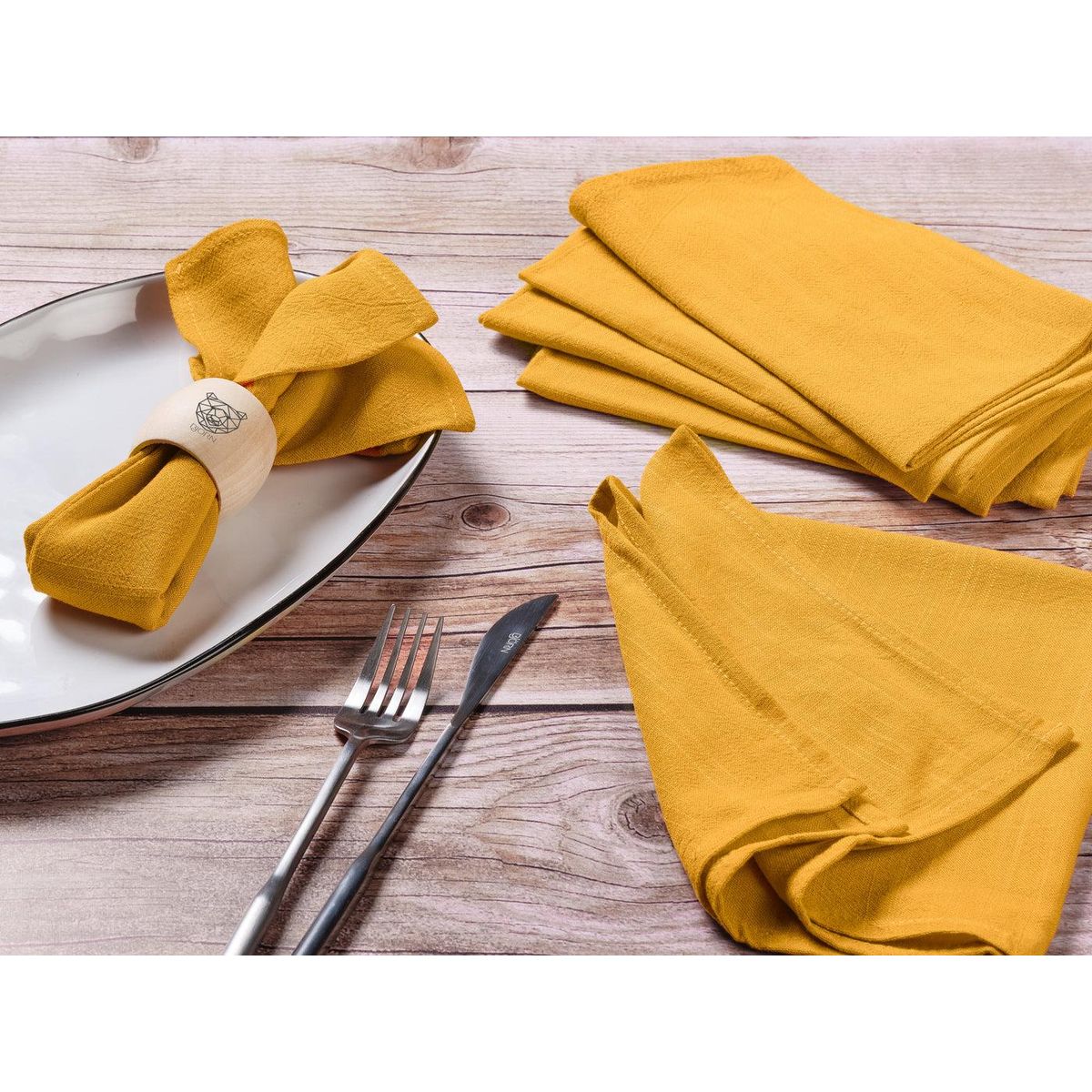 BJORN Serviette de table - 6 pièces - Lin et coton jaune moutarde