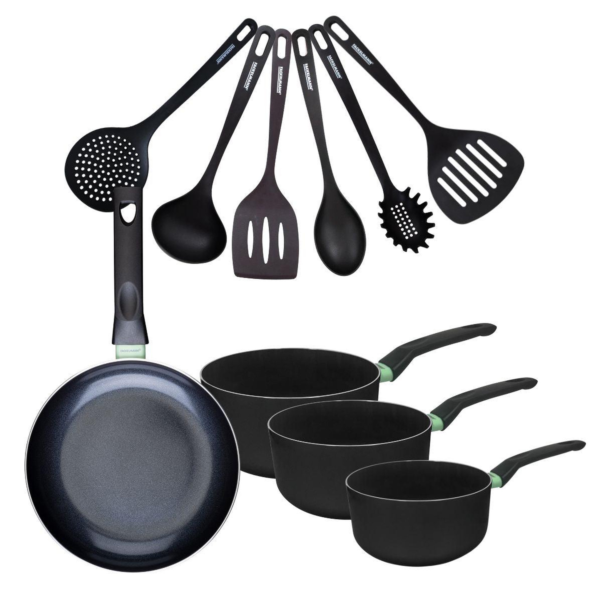 Fackelmann Set de 1 poêle 24 cm, 3 casseroles antiadhésives céramique 16, 18 et 20 cm et 6 ustensiles fackelmann brandao