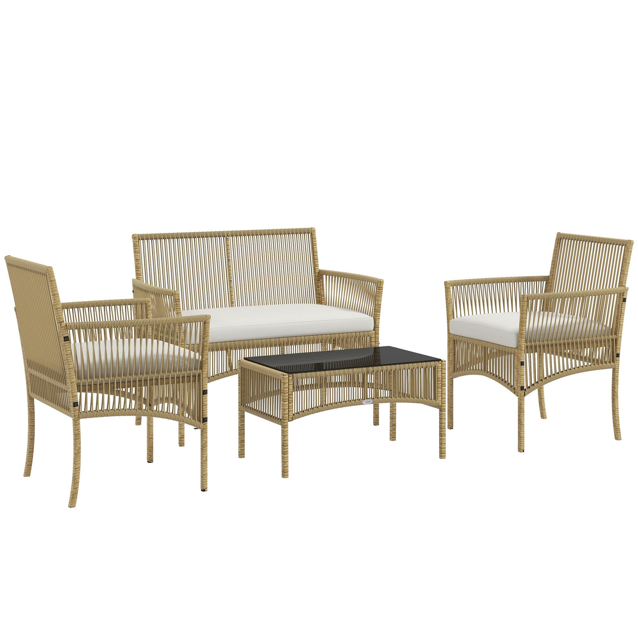 OUTSUNNY Salon de jardin 4 places 4 pièces style colonial table basse coussins inclus résine tressée filée aspect rotin beige