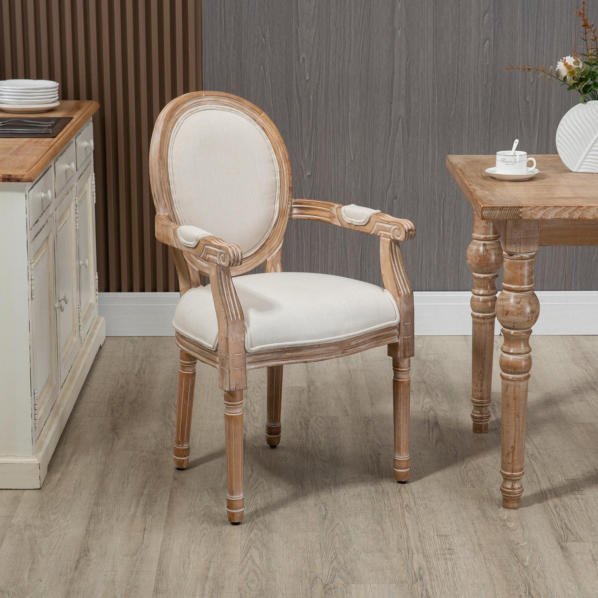 Voir la diapositive 4 : HOMCOM Chaise de salle à manger chaise de salon médaillon style Louis XVI bois hévéa patiné sculpté tissu beige