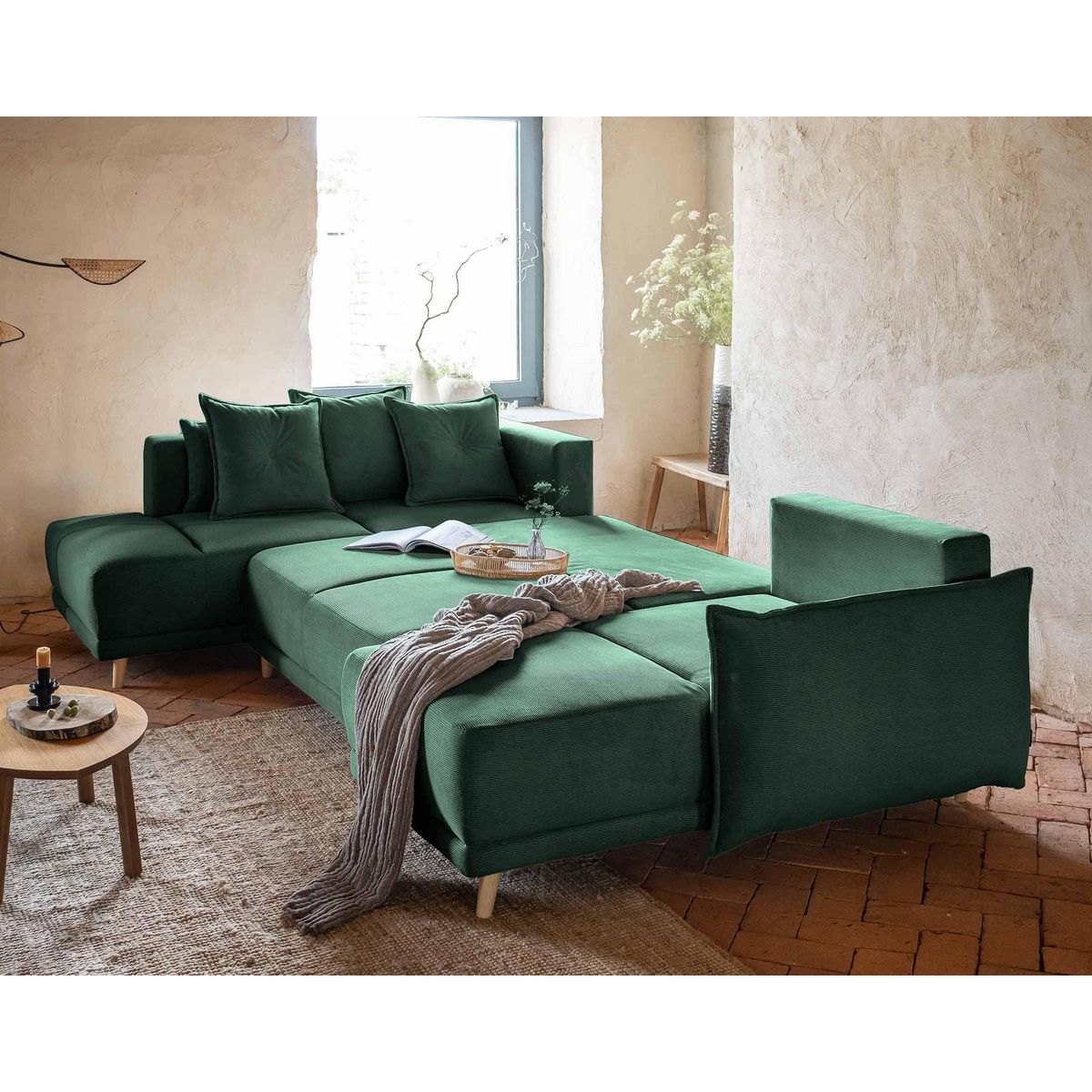 BEST MOBILIER Lena - canapé panoramique d'angle gauche 7 places - convertible avec coffre - en velours côtelé