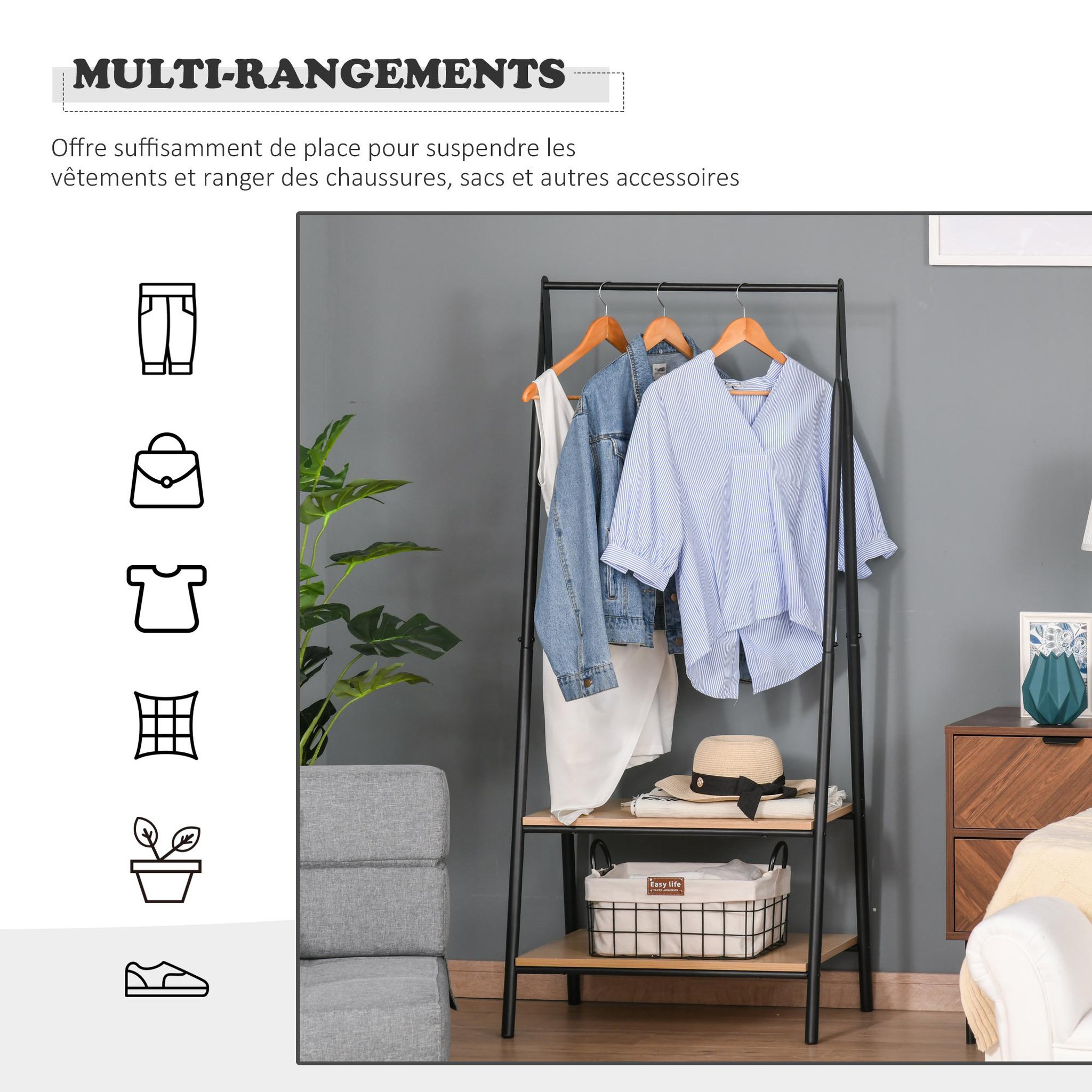 Voir la diapositive 5 : HOMCOM Portant à vêtements penderie style contemporain triangulaire dim. 64l x 43l x 149h cm 2 étagères mdf bois clair acier noir