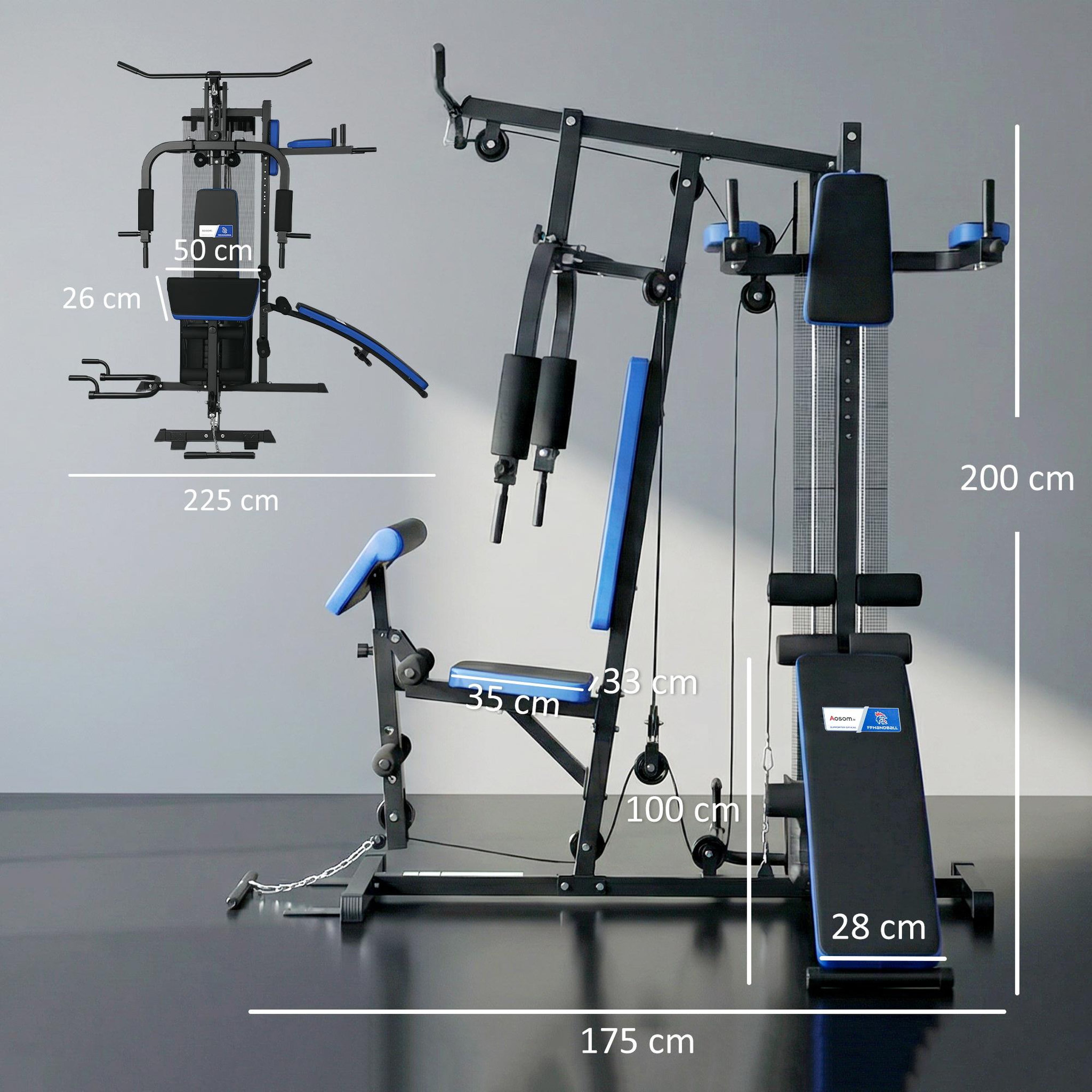 Voir la diapositive 3 : HOMCOM Station de musculation multi-équipement - collaboration aosom.fr x ffhandball - 10 contrepoids - bleu