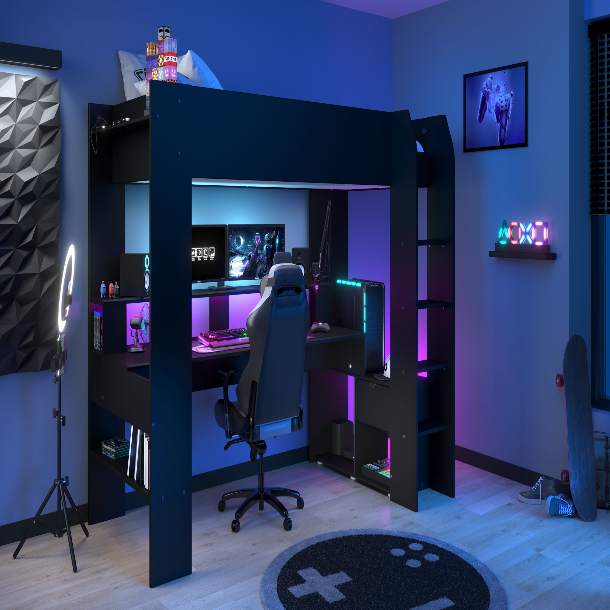 Lit mezzanine gaming à LED 90x200 cm avec bureau et rangement CONNECT