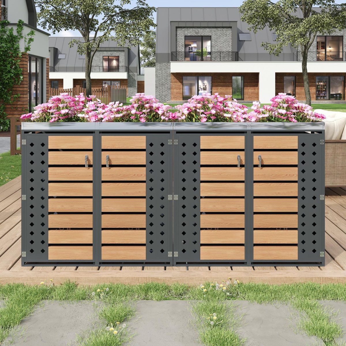 MERAX Cache Poubelle Extérieur Lot de 2 avec Verrouillage et Jardinière, Gris