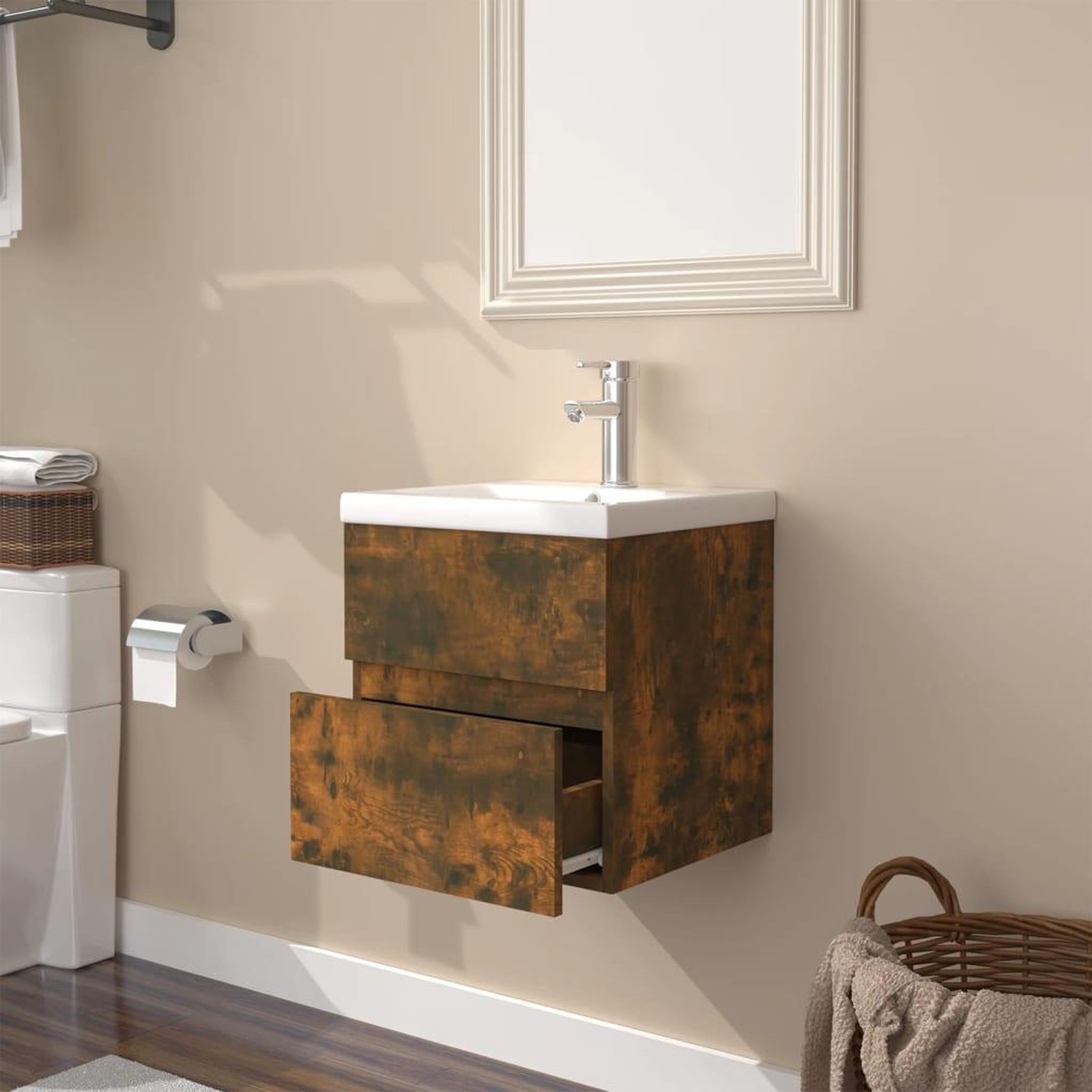 Voir la diapositive 4 : VIDAXL Meuble lavabo avec bassin integre Chene fume Bois d'ingenierie