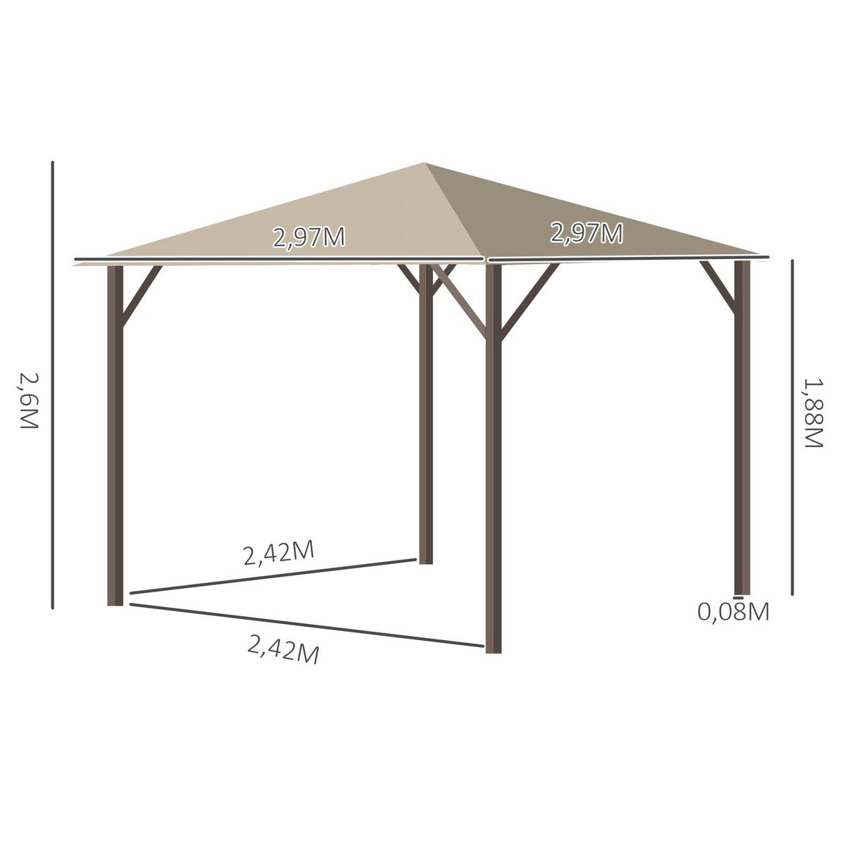 OUTSUNNY Tonnelle barnum de jardin 2,97L x 2,97l m avec 4 parois latérales amovibles - toit avec évent - porte zippée - armature aluminium et acier - beige