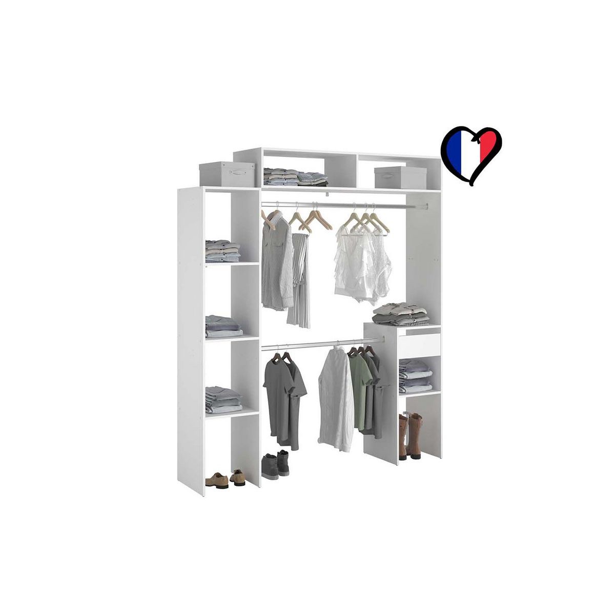 CONCEPT USINE Dressing blanc extensible avec 2 penderies, 4 étagères et 1 tiroir ELYSEE