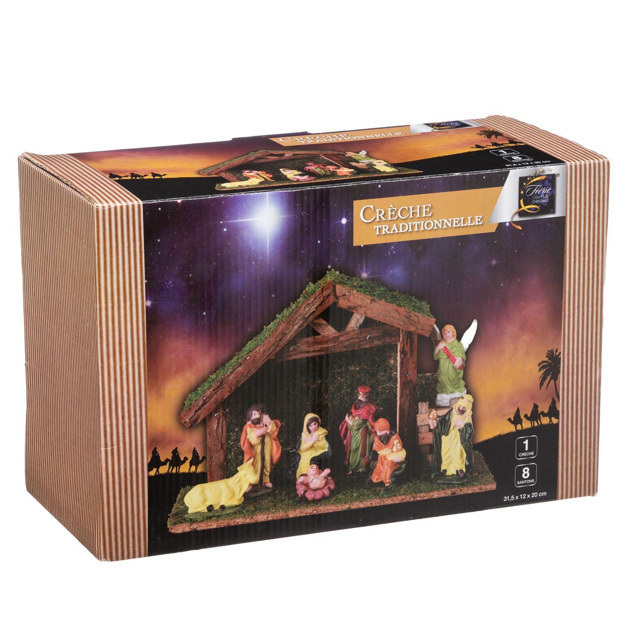 Voir la diapositive 2 : FEERIC LIGHT & CHRISTMAS Crèche de Noël en bois et ses 8 santons en porcelaine