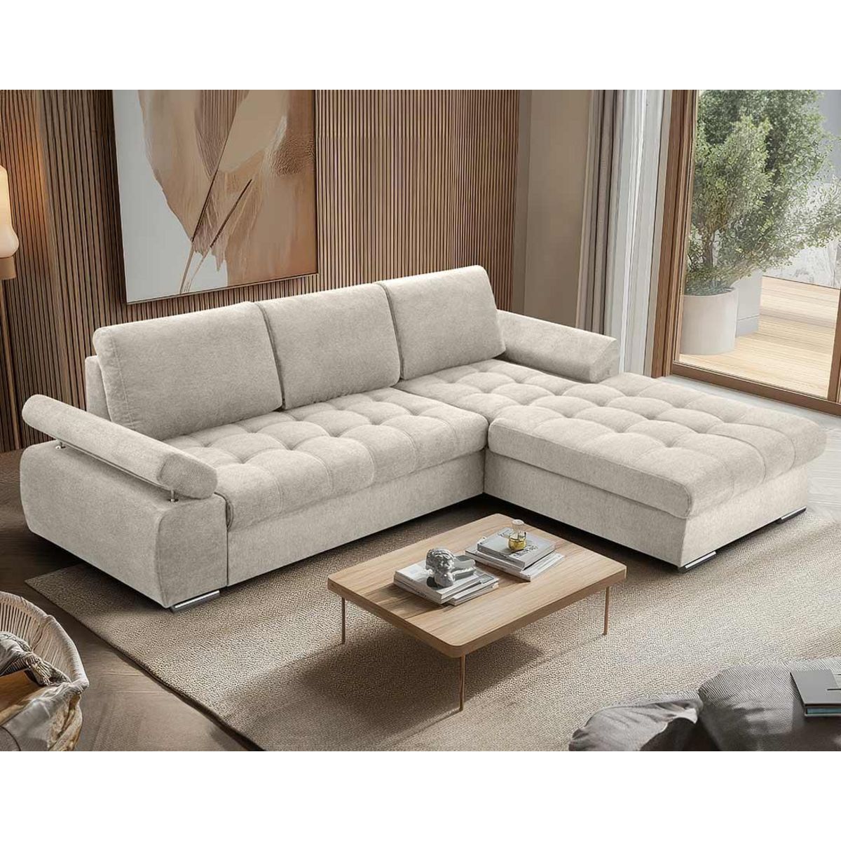 BEST MOBILIER Bianca - canapé d'angle droit 4 places convertible avec coffre en tissu texturé