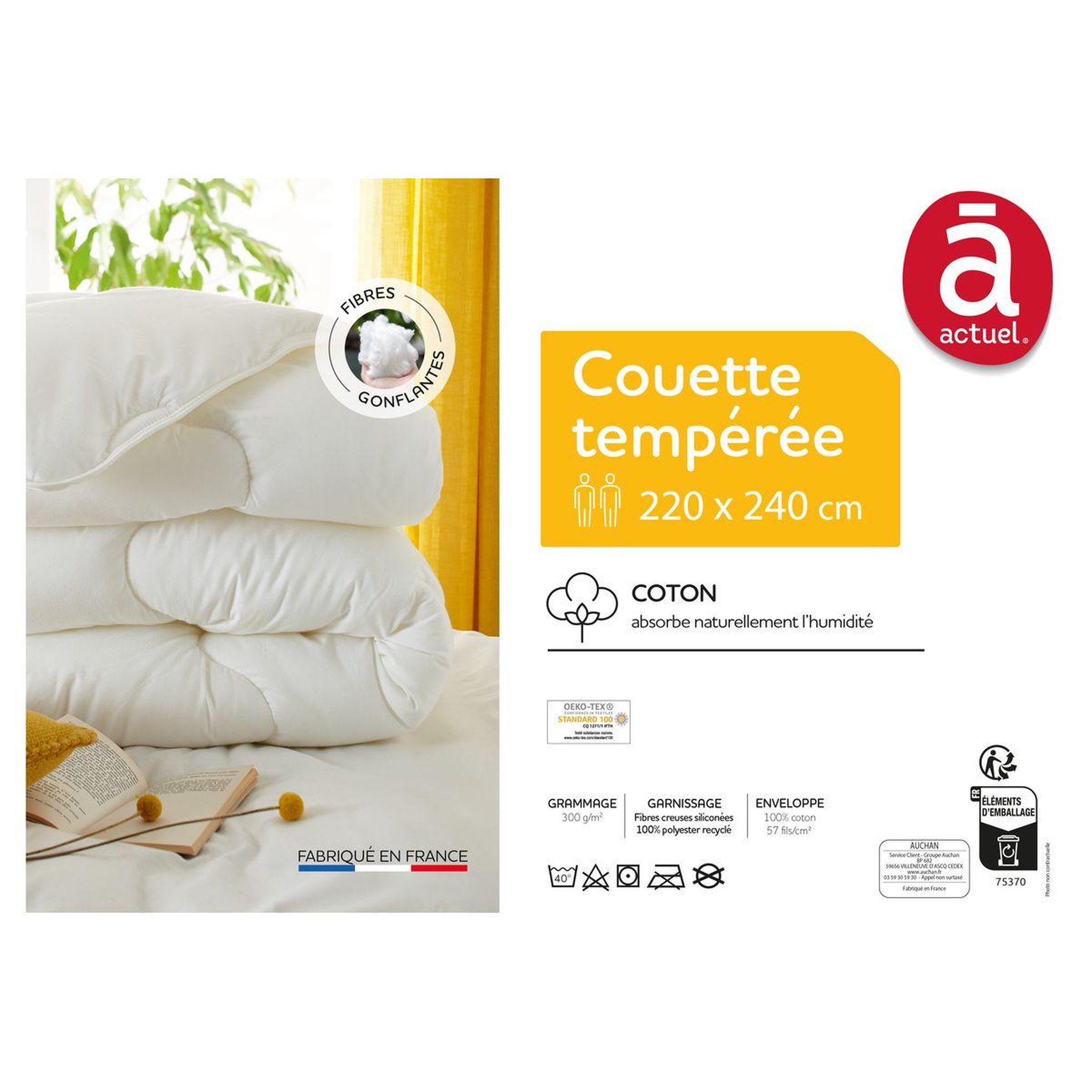 Voir la diapositive 2 : ACTUEL Couette tempérée en coton 57 fils 300g/m² 