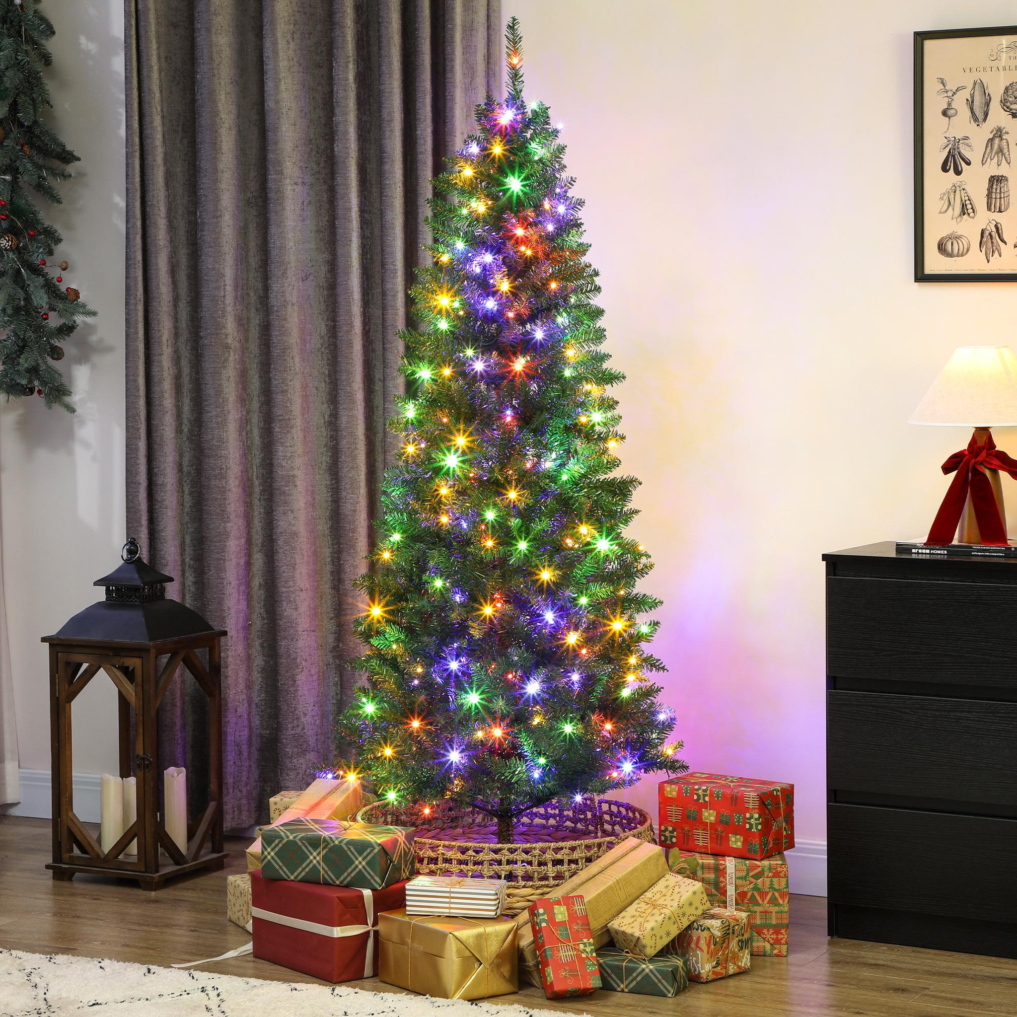 Voir la diapositive 2 : HOMCOM Sapin de noël artificiel led x 250 blanc chaud ou multicolore 9 modes h.180 cm 899 branches support vert