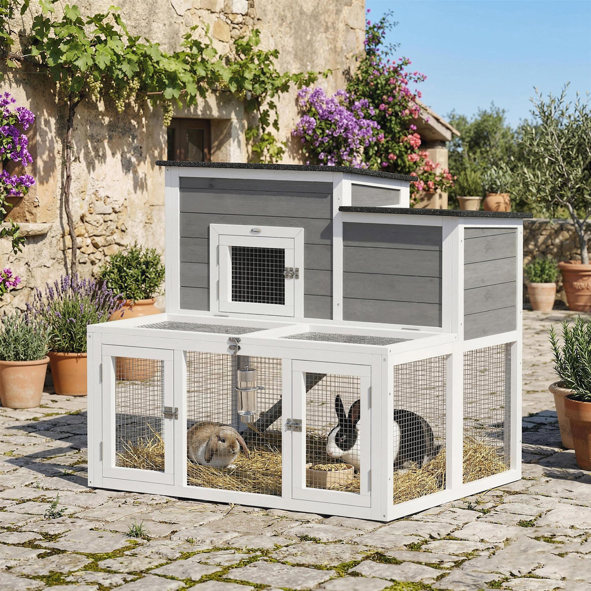 PAWHUT Clapier niche haute double toit ouvrant rampe enclos 3 portes bois blanc gris