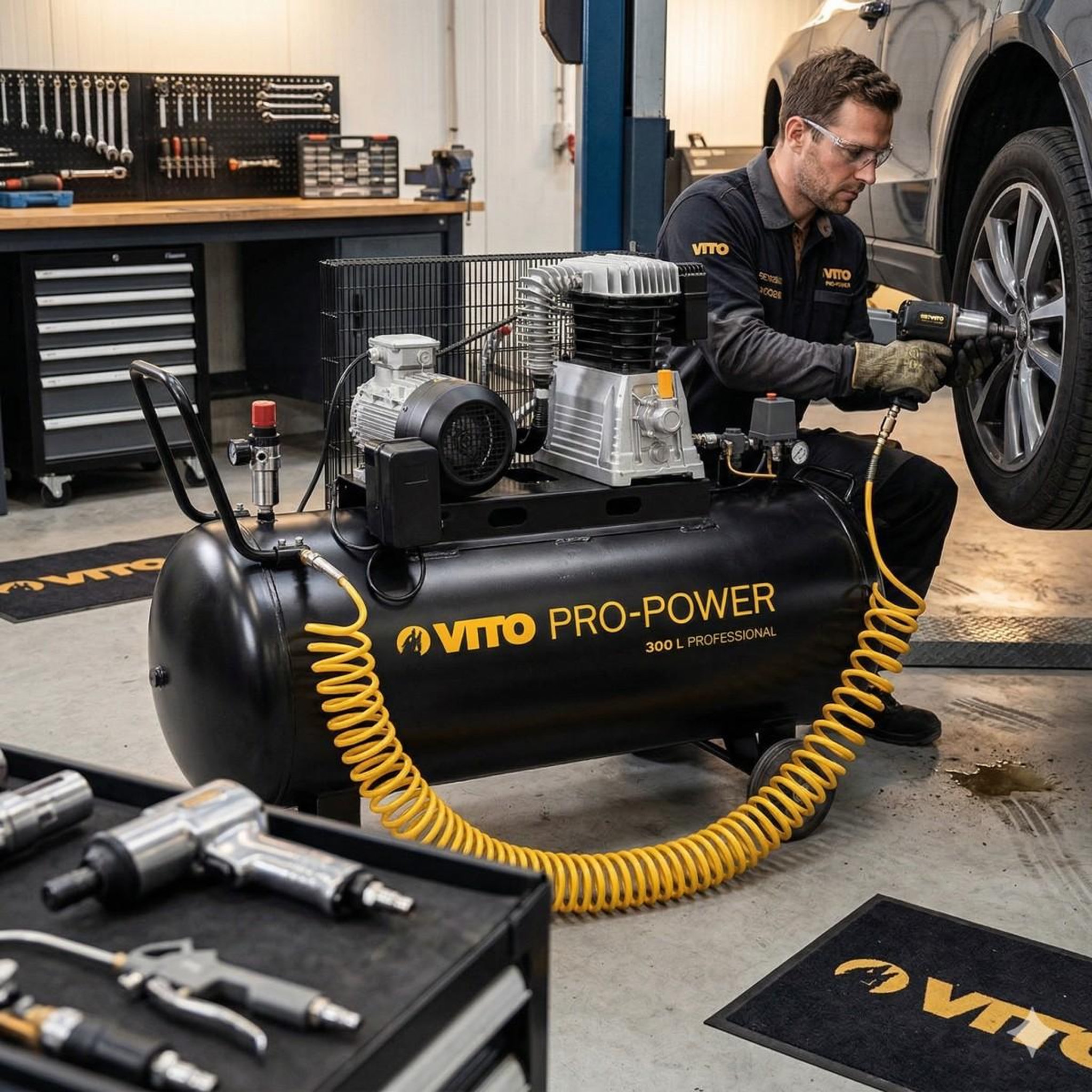 Voir la diapositive 3 : VITO Compresseur d'air 300l 10bar 4kw 500l/min + 5 outils pneumatiques kit complet gonflage soufflage peinture garage atelier vito
