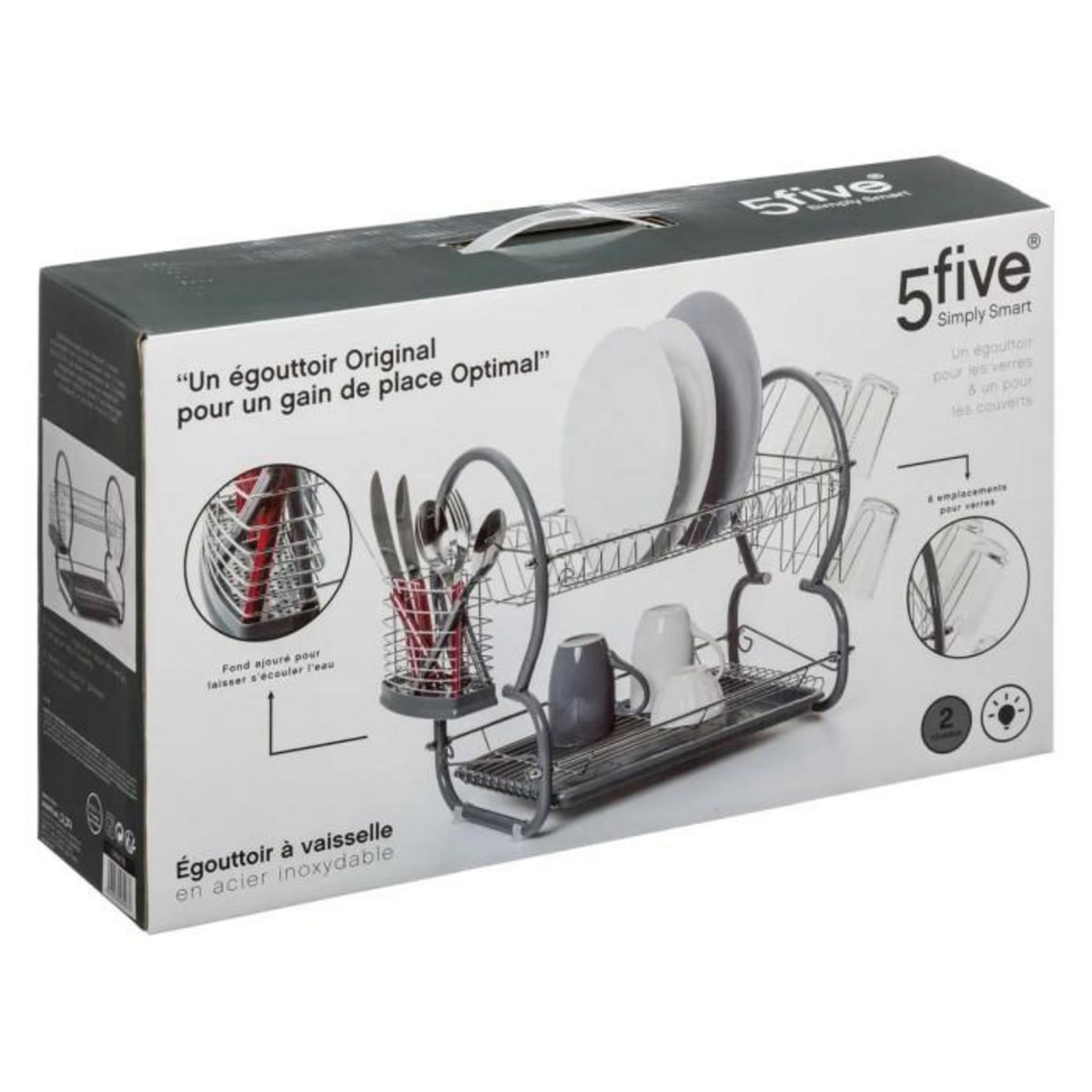 FIVE Egouttoir 2 niveaux en métal et polypropylène arrondi - Gris