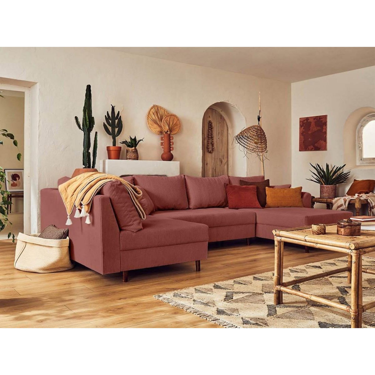 LISA DESIGN Rune - canapé panoramique d'angle gauche - 7 places - en velours côtelé