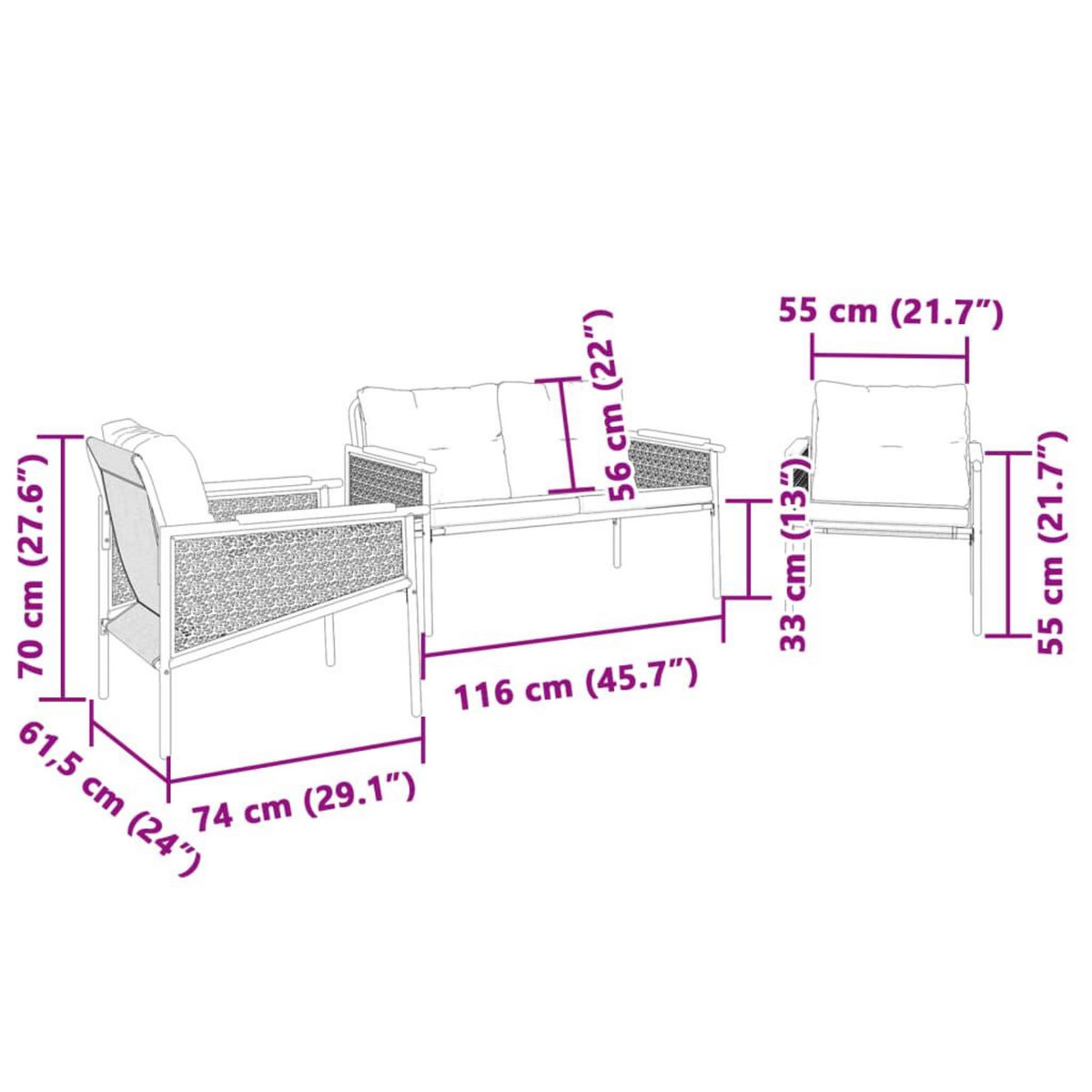 VIDAXL Ensemble de meubles de balcon avec coussins 3 pcs noir acier