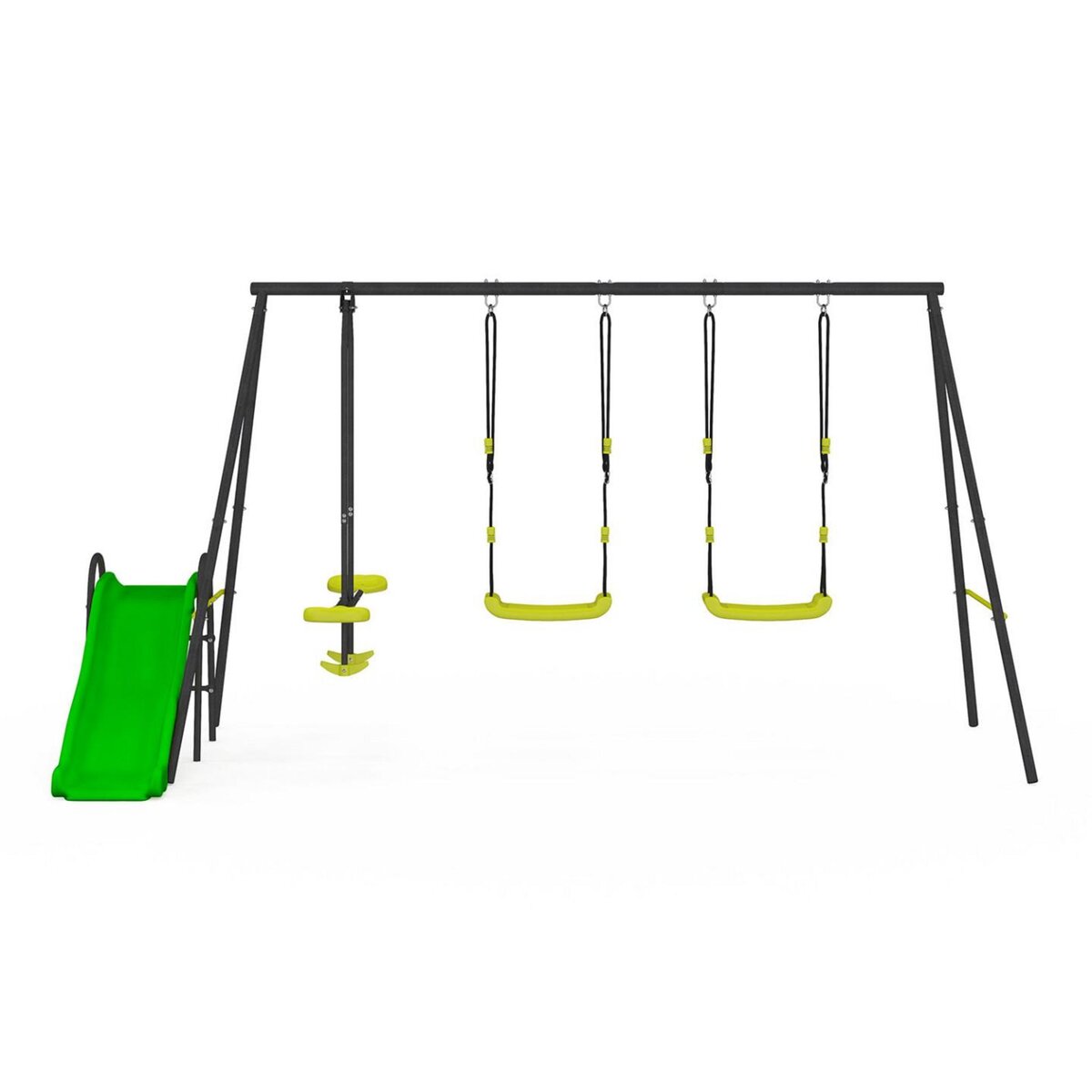 ID MARKET Balançoire 3 agrès portique avec 2 balançoires, 1 face à face et toboggan