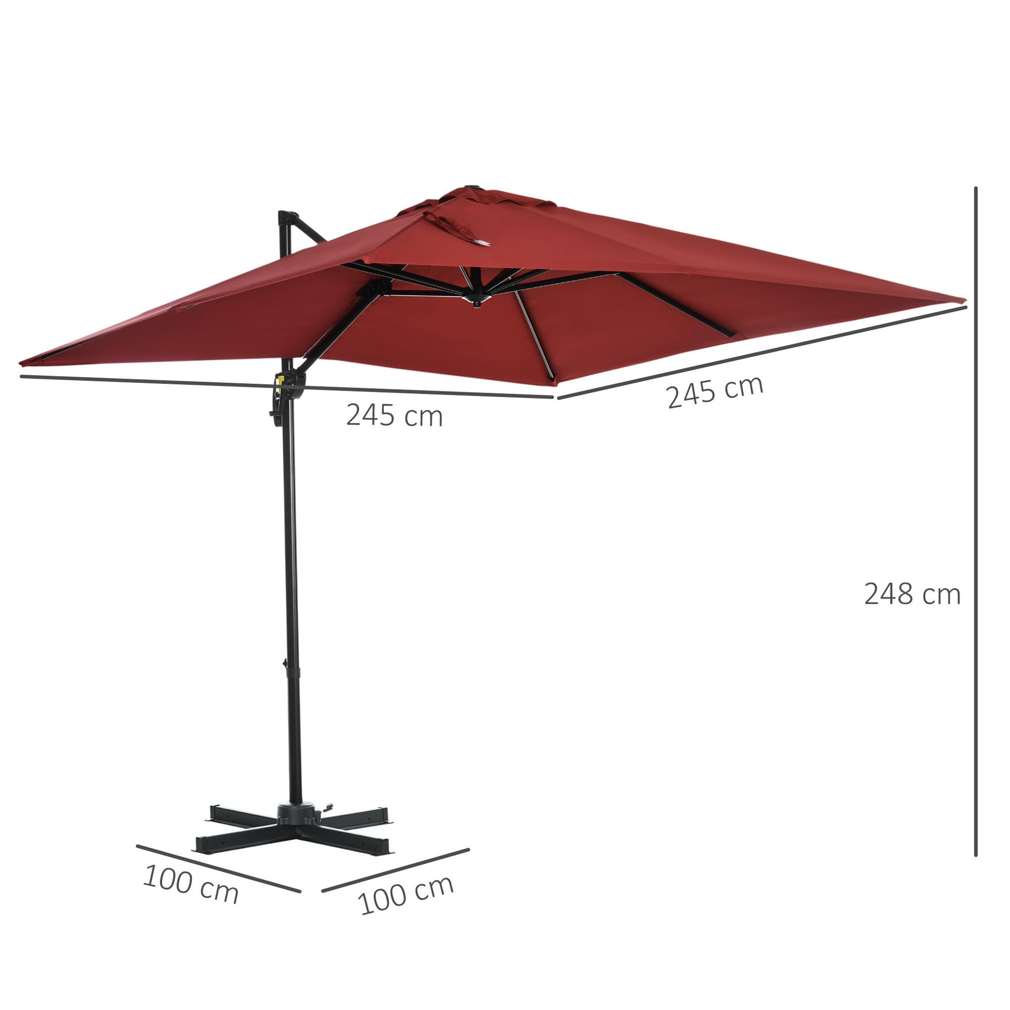 Voir la diapositive 3 : OUTSUNNY Parasol déporté carré inclinable manivelle avec pied en acier dim. 2,45L x 2,45l x 2,45H m métal alu. polyester haute densité rouge