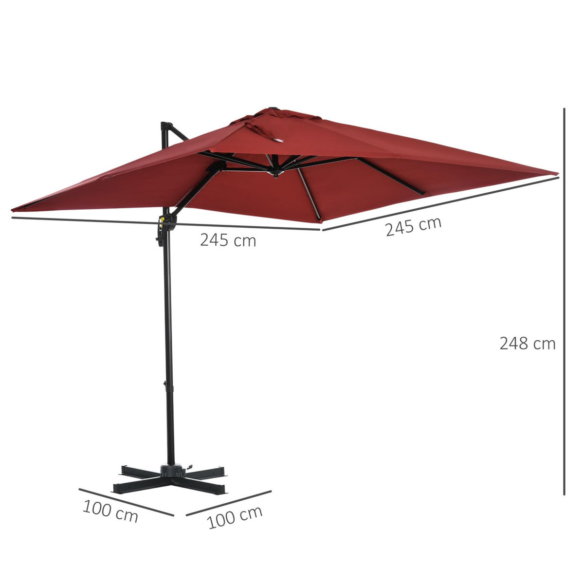 OUTSUNNY Parasol déporté carré inclinable manivelle avec pied en acier dim. 2,45L x 2,45l x 2,45H m métal alu. polyester haute densité rouge