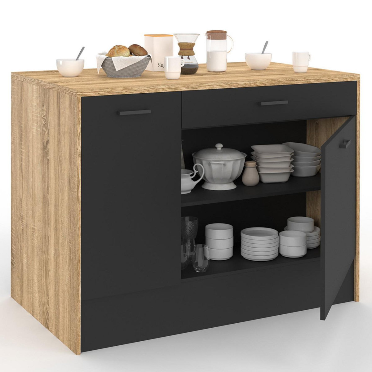 ID MARKET Ilot central LIO 120 cm maxi capacité de rangement bois et noir