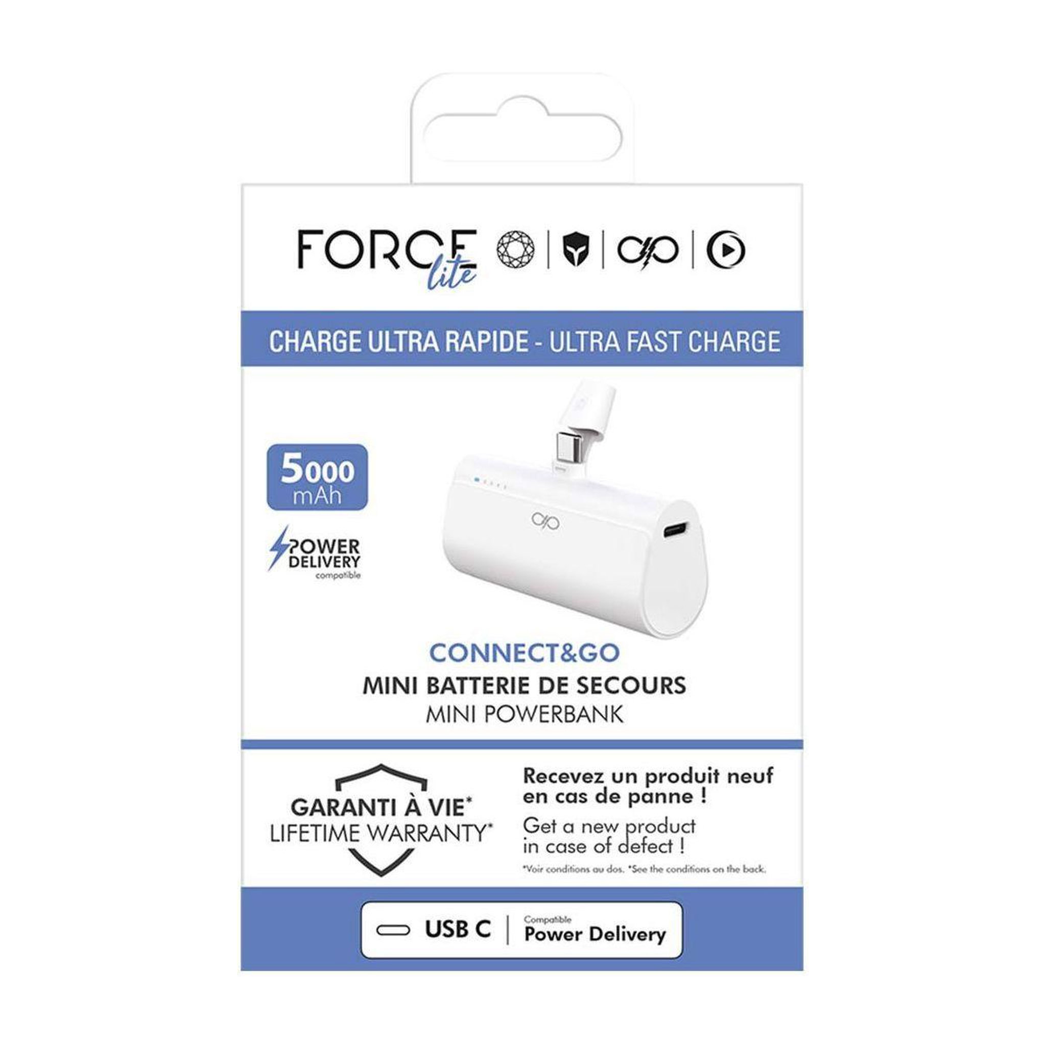 Voir la diapositive 4 : FORCE POWER Batterie externe 5000mah usb-c avec connecteur blanc