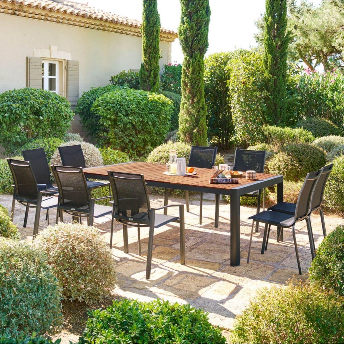 HESPERIDE Table de jardin fixe en aluminium et acacia 10 places PARADIZE - Noyer et graphite