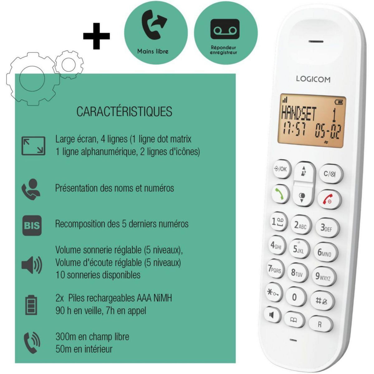 Logicom Téléphone sans fil Iloa Solo Répondeur Blanc