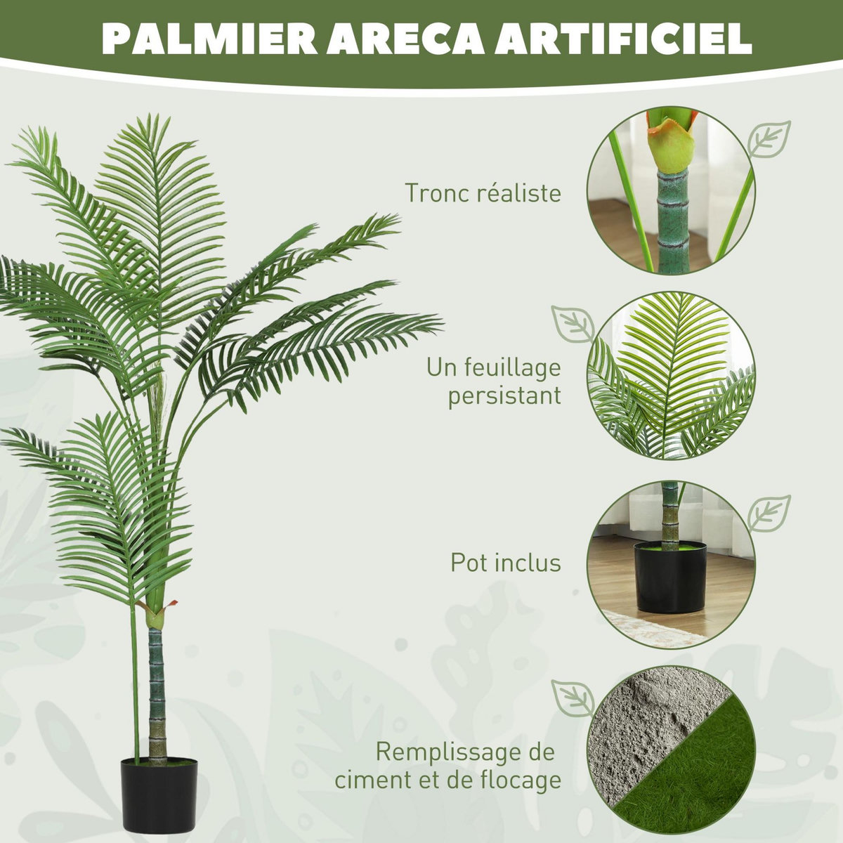HOMCOM Plante artificielle intérieure palmier Areca H.150cm 11 feuilles grand réalisme PE vert