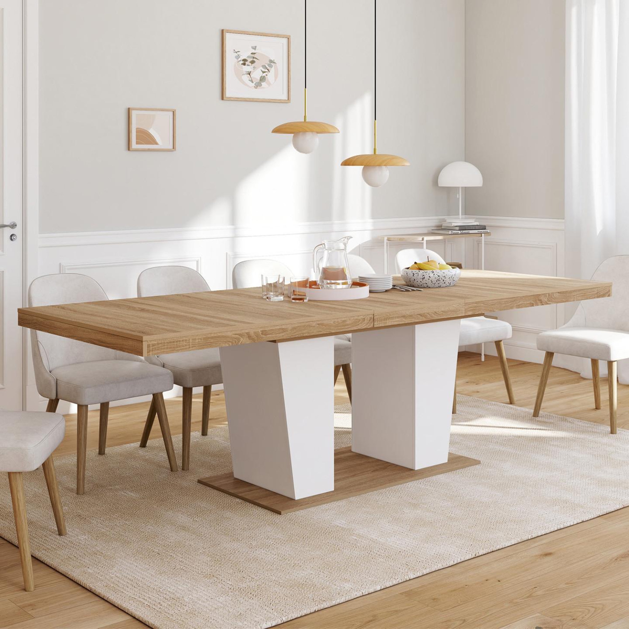 Voir la diapositive 2 : ID MARKET Table à manger extensible rectangle eliad 8-12 personnes bois et blanc 200-250 cm